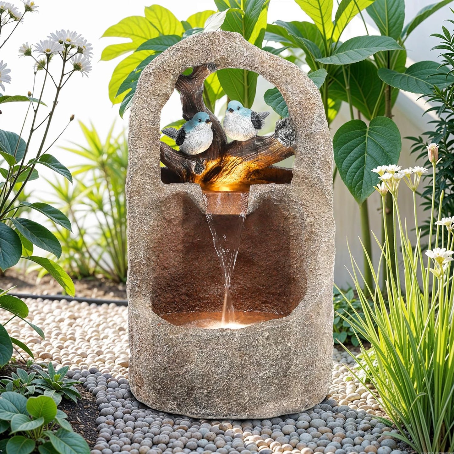 27" 2-Tier Bird Outdoor Water Fountain with Lights, Natural Zen Garden Fountain, Relaxing Waterfall Floor, Yard, Porch or Deck Decor, Whether-Resistant, Faux Granite Texture