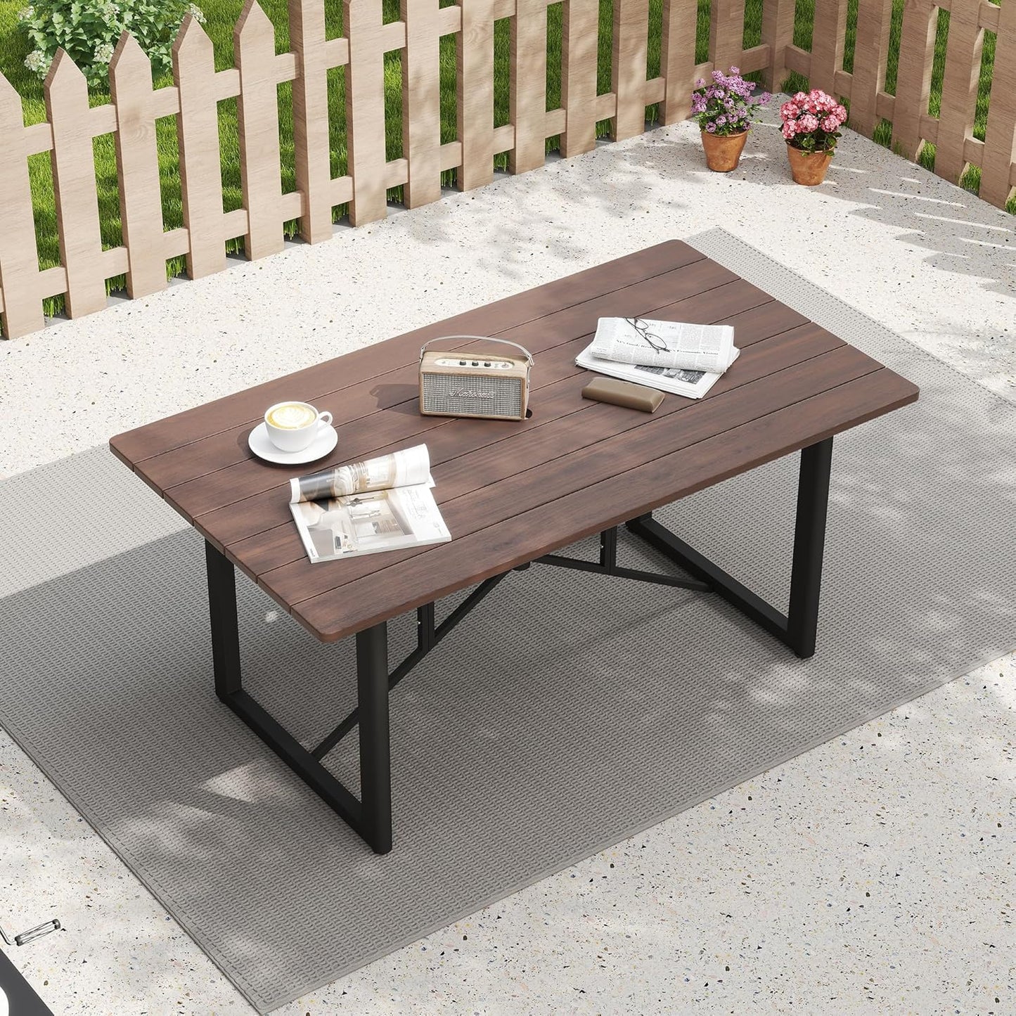 HAPPATIO Outdoor Acacia Wood Dining Table, 6-Person Patio Dining Table with Powder-Coated Aluminum Frame, Rectangle Outdoor Dining Table with Umbrella Hole for Deck Yard Garden