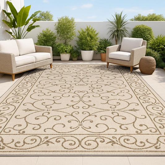 JONATHAN Y SMB106A-6 Charleston Vintage Filigree Textured Weave Beige/Brown 6 ft. x 9 ft. Indoor/Outdoor Area Rug, Pet Friendly, Non-Shedding, Stain Resistant, Easy-Cleaning for Backyard, Patio