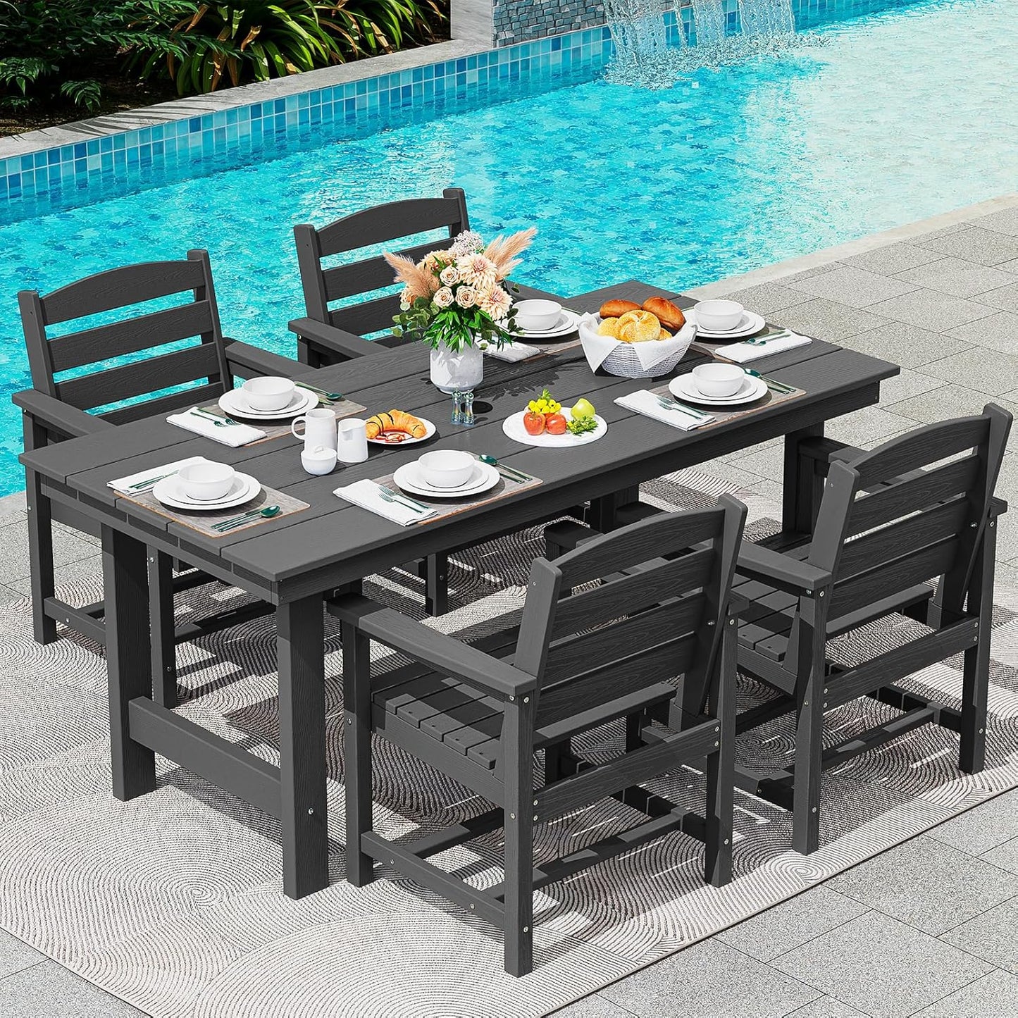 SERWALL 6-Person Outdoor Dining Table - 67" Rectangle HDPE Patio Table with Center Umbrella Hole, Weatherproof, Black