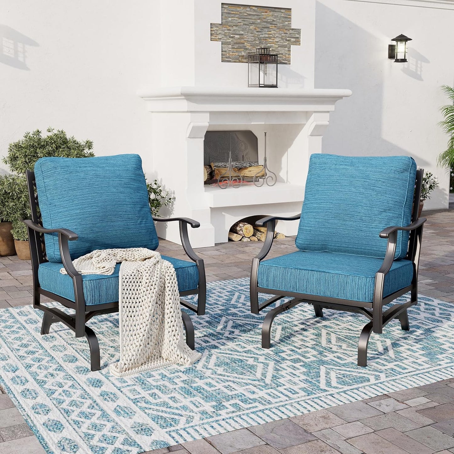 Metal Outdoor Rocker Patio Chairs Set of 2 with 5.75" Extra Thick Cushion, 2 Piece High Back Rocker Patio Chairs All Weather Outdoor Furniture Seating for Deck Balcony Porch, Blue-2