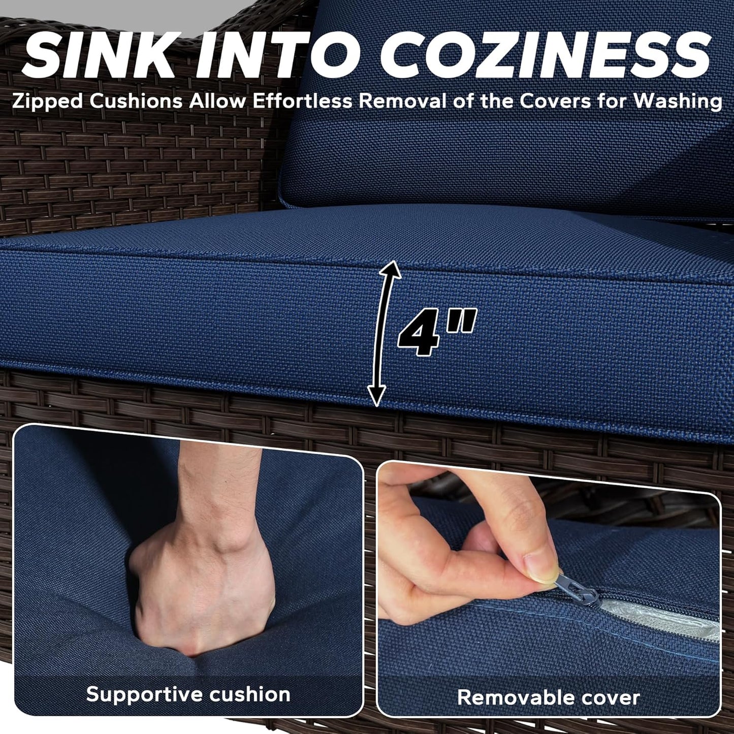 3 Pieces Patio sectional Sofa Set, Outdoor Conversation Furniture Set, 78" 3-Seat Couch with 2 Ottomans, 47" Metal Coffee Table, Rattan Wicker Sofa with Washable Cushions (Navy Blue)