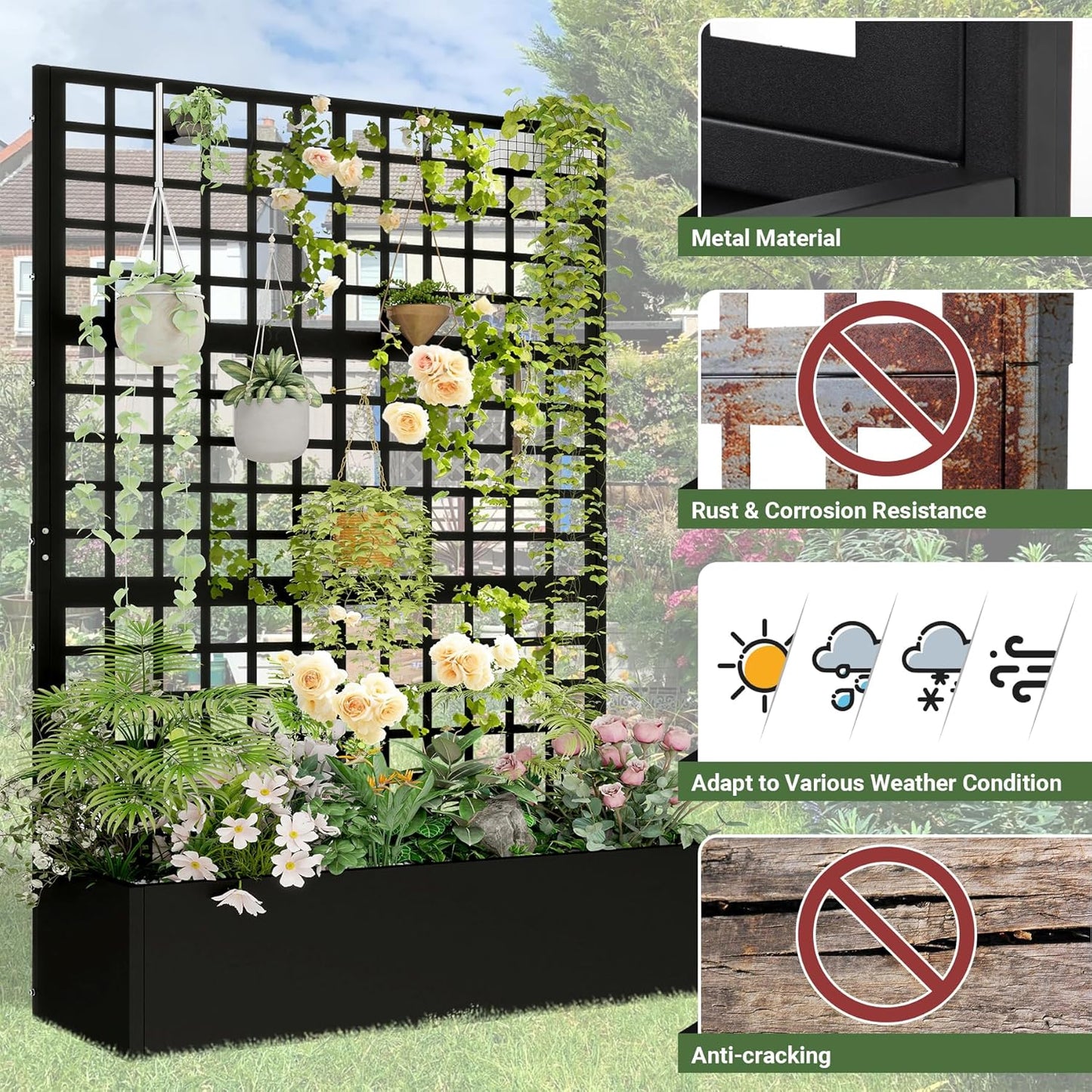 Metal Planter with Trellis 72" x 47’’ x 16", Raised Garden Bed with Trellis, Planter Box with with Privacy Screen for Climbing Plants, Flowers, Vegetables, Fruits