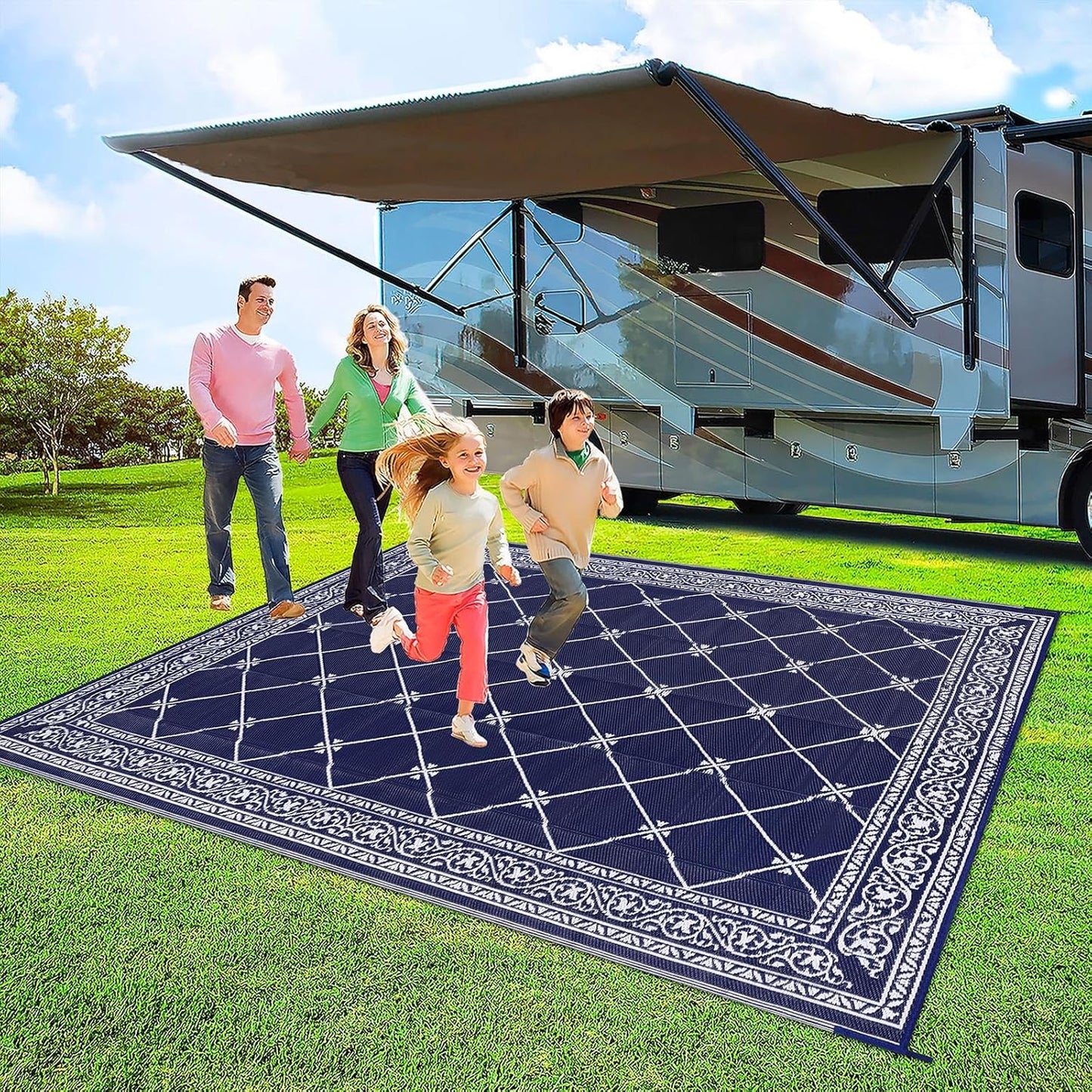 Outdoor Rug 8'x10' for Patios Waterproof Patio Rugs Outdoor Mats for Front Porch,Beach Mat,Reversible Plastic Straw Camping Rugs for Outside RV,Deck,Balcony,Backyard Navy Blue