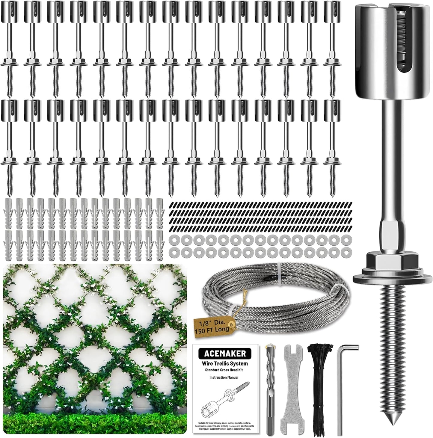 Wire Trellis for Climbing Plants Outdoor, 30-Set Wall Wire Trellis Kit with 1/8in x 150ft Stainless Steel Cable, T316 Espalier System for Fence and Garden DIY Projects