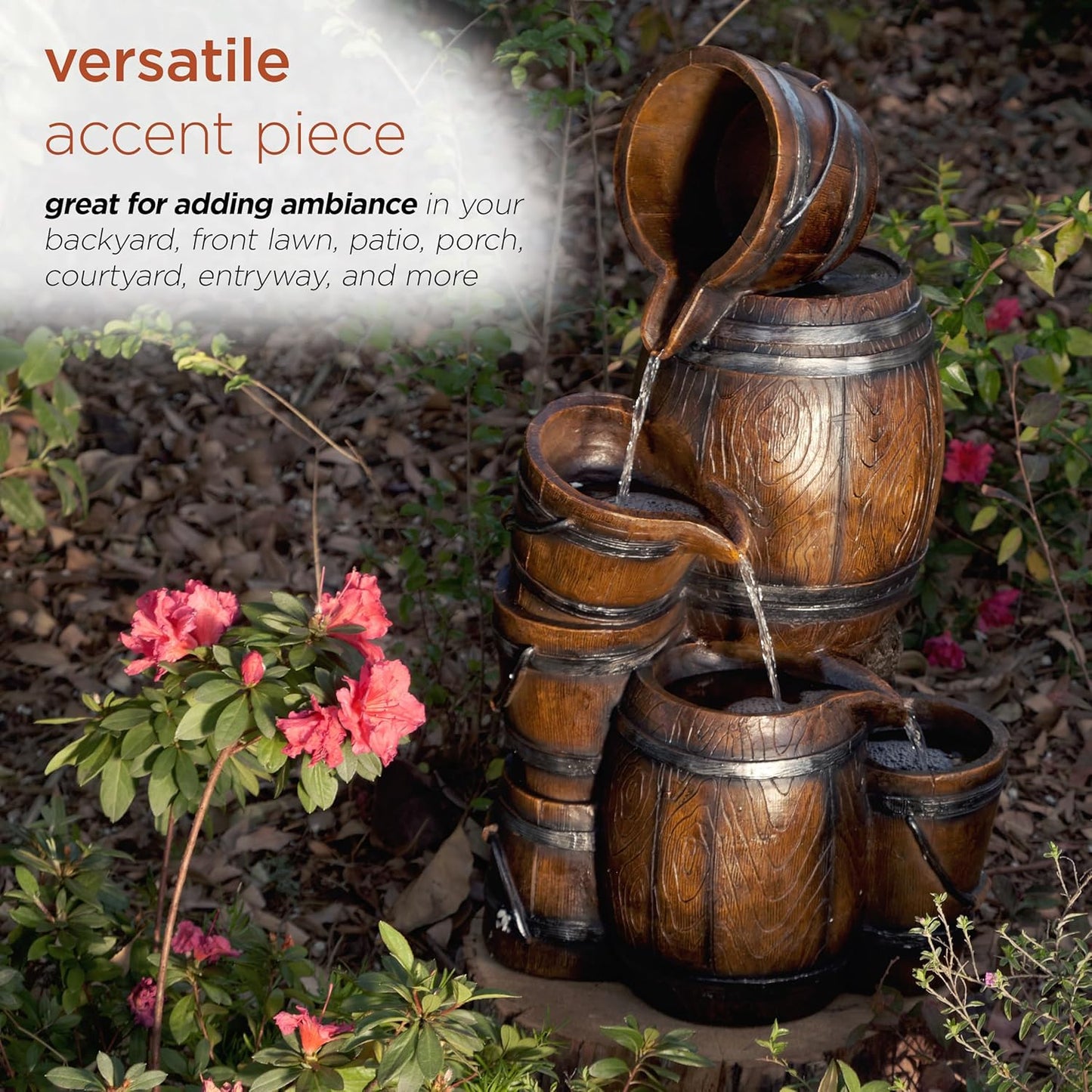 Alpine Corporation ZEN409S 24" Indoor/Outdoor Floor Tiered Barrels and Buckets Fountain, Rustic 4-Tier – Water Feature for Garden, Patio, and Home Décor, Brown