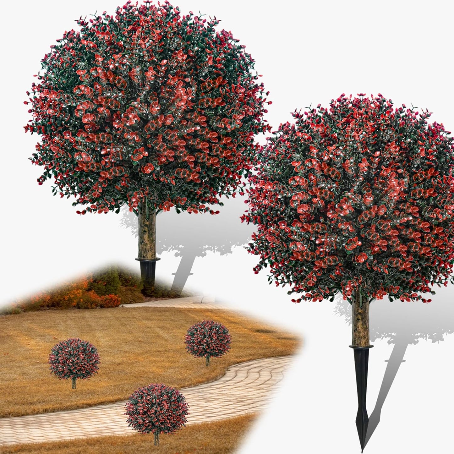 Fall Artificial Boxwood Topiary Ball Tree Bushes with Ground Spike, Set of 2 Outdoor Faux Shrub Topiary Ball, 24" UV Resistant Fake Boxwood Plants for Potted Planter,Indoor,Autumn