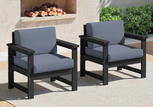 SERWALL 2 Pieces Single Cushioned Lounge Chair, Black HDPE Outdoor Adirondack Sofa Armchair with Grey Cushion