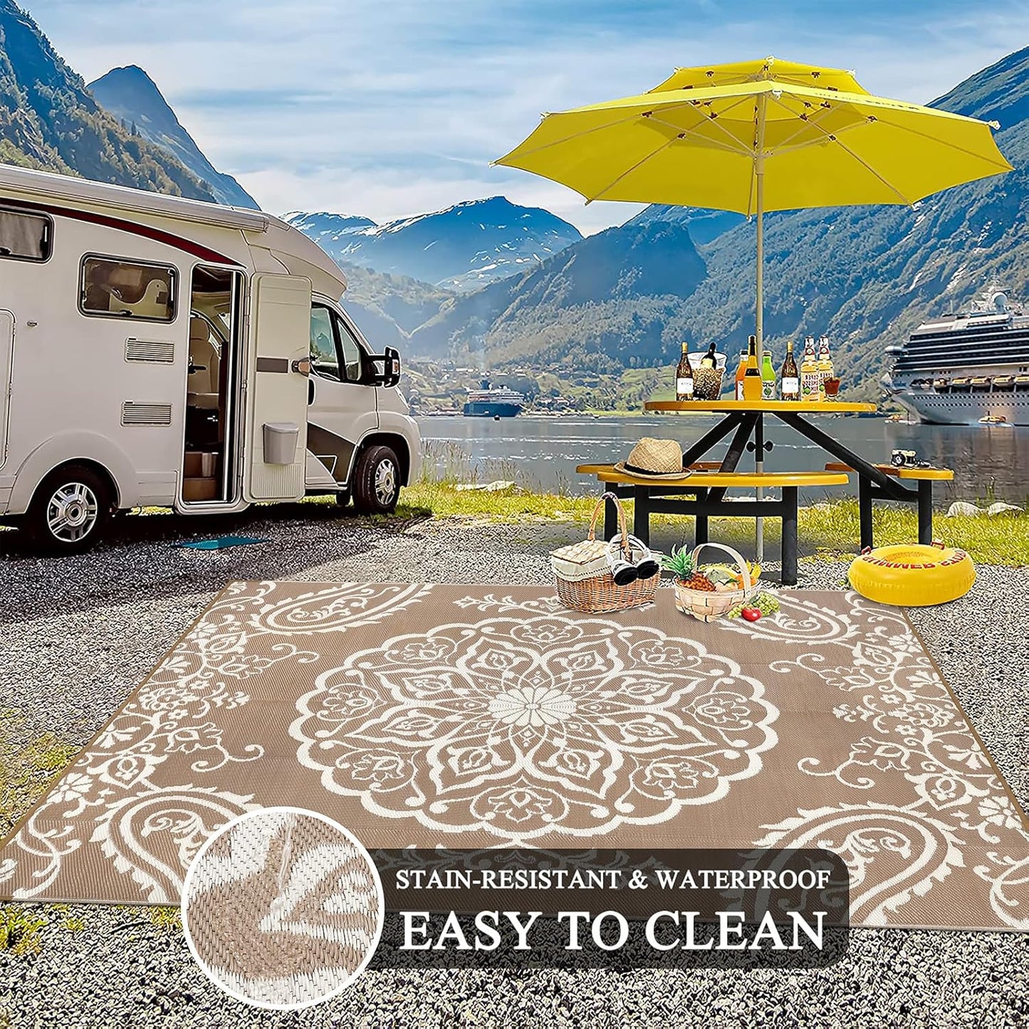 Pauwer Waterproof Outdoor Rug 8x10, Reversible Plastic Straw Patio Camping Rug, Indoor Outdoor RV Mat Carpet for Deck, Camper, Porch, Balcony, Backyard, Picnic, Boho Brown