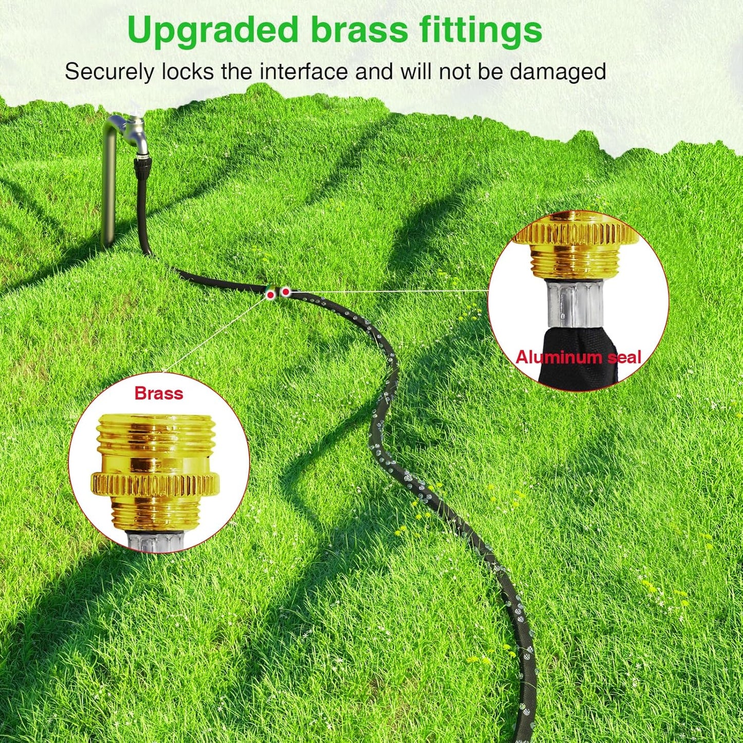 Mixc 2025-Thickened Flat Soaker Hose 50Ft with Copper Joint,Aluminum Seal,1mm Thickened Hose,360°Swival Handle and Inlet,Hole Pressure Relief Gasket,Drip Kit for Vegetable Garden,Lawn,Flower Bed