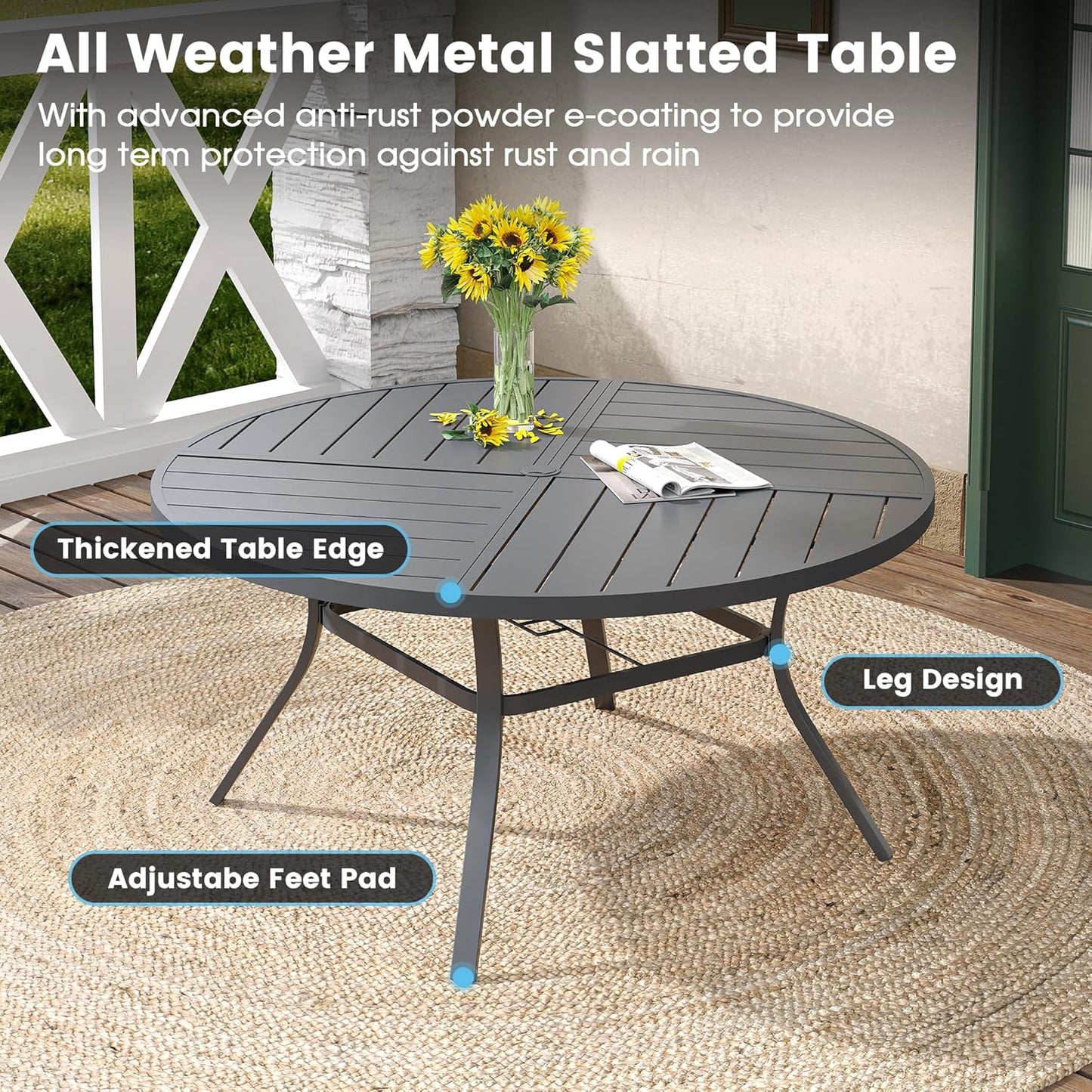 DIFY 53.1" Round Outdoor Patio Dining Table for 6-8, All-Weather Metal Steel Slatted Patio Table with 1.57" Adjustable Umbrella Hole, for Lawn Garden Porch Backyard, Grey