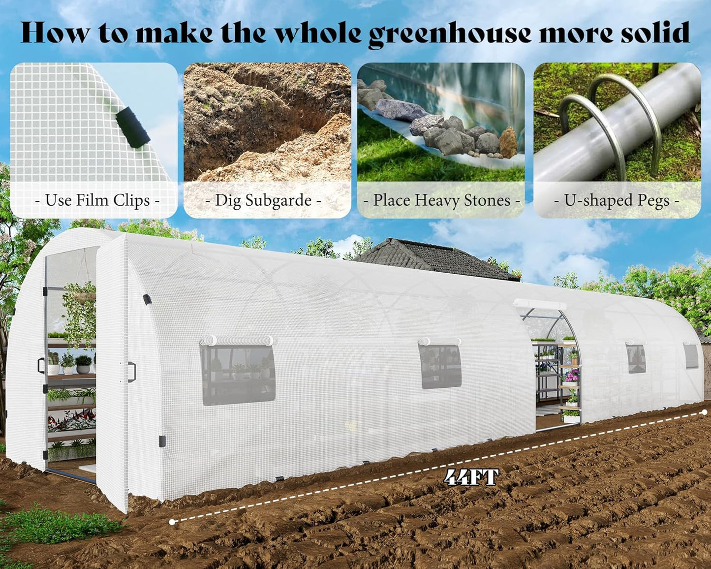 AMERLIFE 44x10x7.5 FT Tunnel Greenhouse for Outdoors, Large Walk-in Greenhouse kit with Galvanized Steel Frame, Swing Door & Premium PE Cover, White