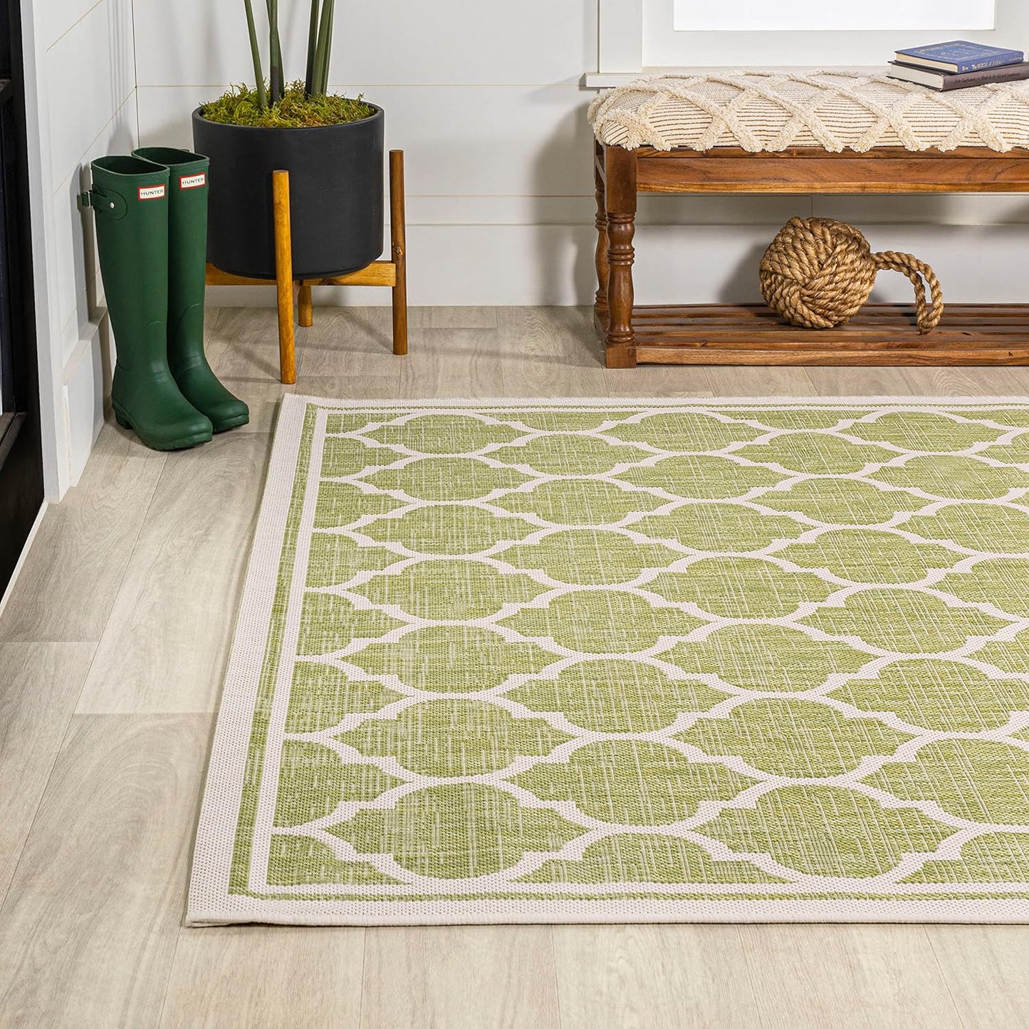 Eyely BMS109G-9 Santa Monica Trebol Moroccan Trellis Textured Weave Indoor/Outdoor Area Rug Coastal;Bohemian, Bedroom, Backyard, Patio, Easy-Cleaning, Non-Shedding, 9 X 12, Green/Cream