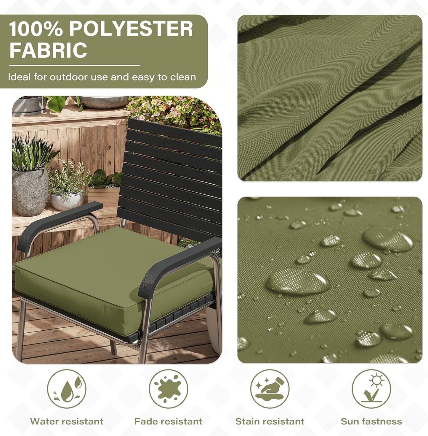 Patio Chair Cushions 18.5 X 16 X 4 Inch Waterproof Outdoor Seat Cushions for Patio Furniture, Outdoor Sofa Couch Pads with Ties & Handle, Set of 2, Light Green