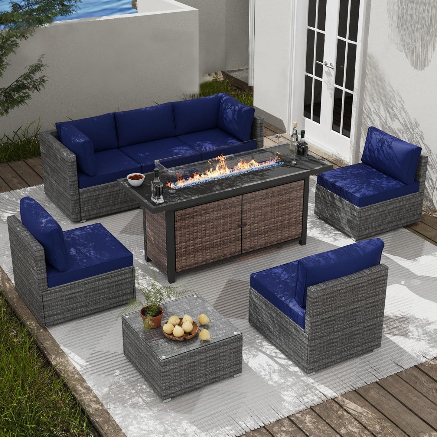 25-Pc Patio Furniture Set - 7 Piece Outdoor Rattan Sofa Set with 57" Fire Table and 17 Accessories, Modular Sofa Set for Garden/Poolside, Navy Blue/Grey