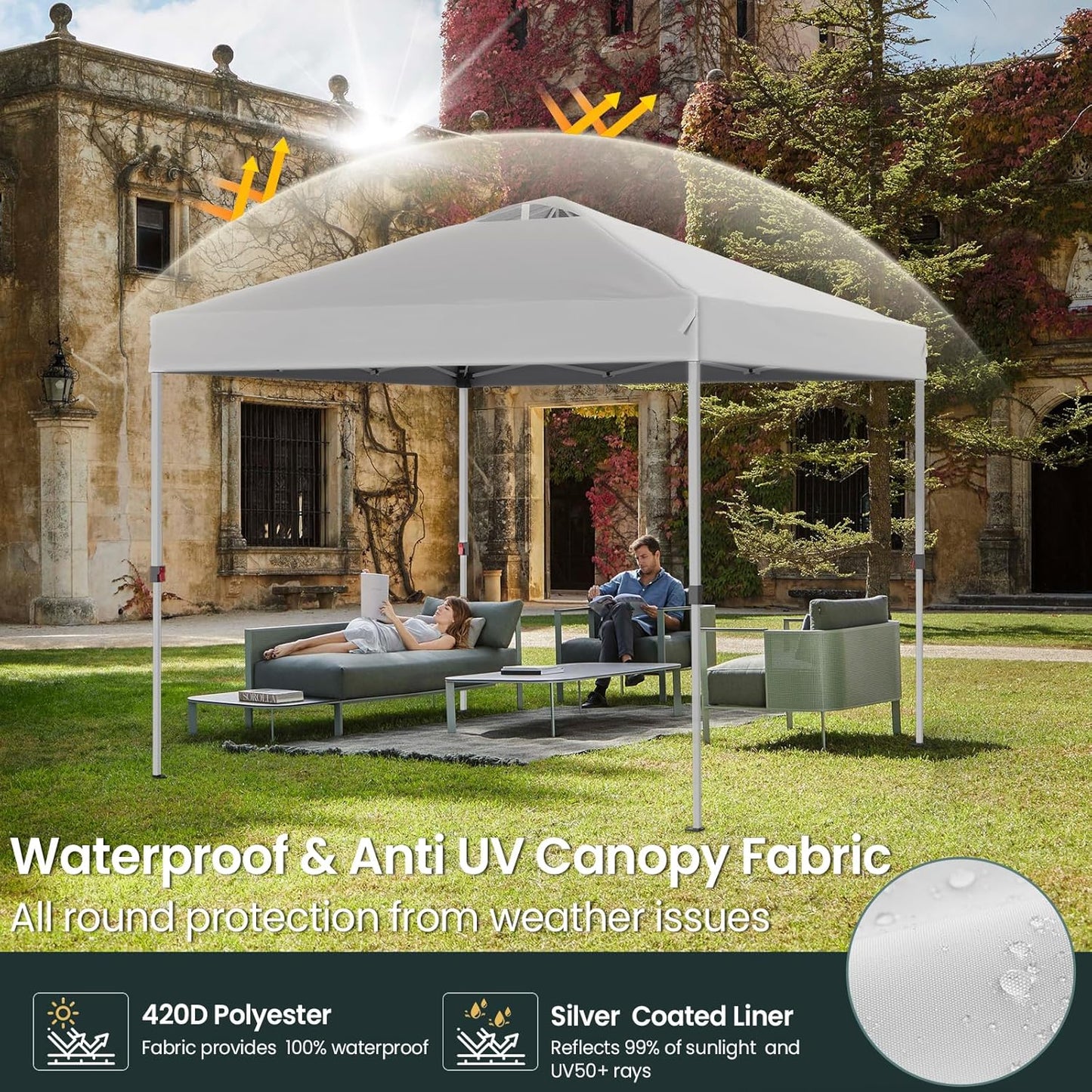 Shades 10x10 Pop Up Canopy with One Push Setup,Heavy Duty Beach Tent with Wheels for Easy Moving, Sun Shelter for Parties,Events, Outdoor Gazebo with 420D Coated Waterproof White Fabric