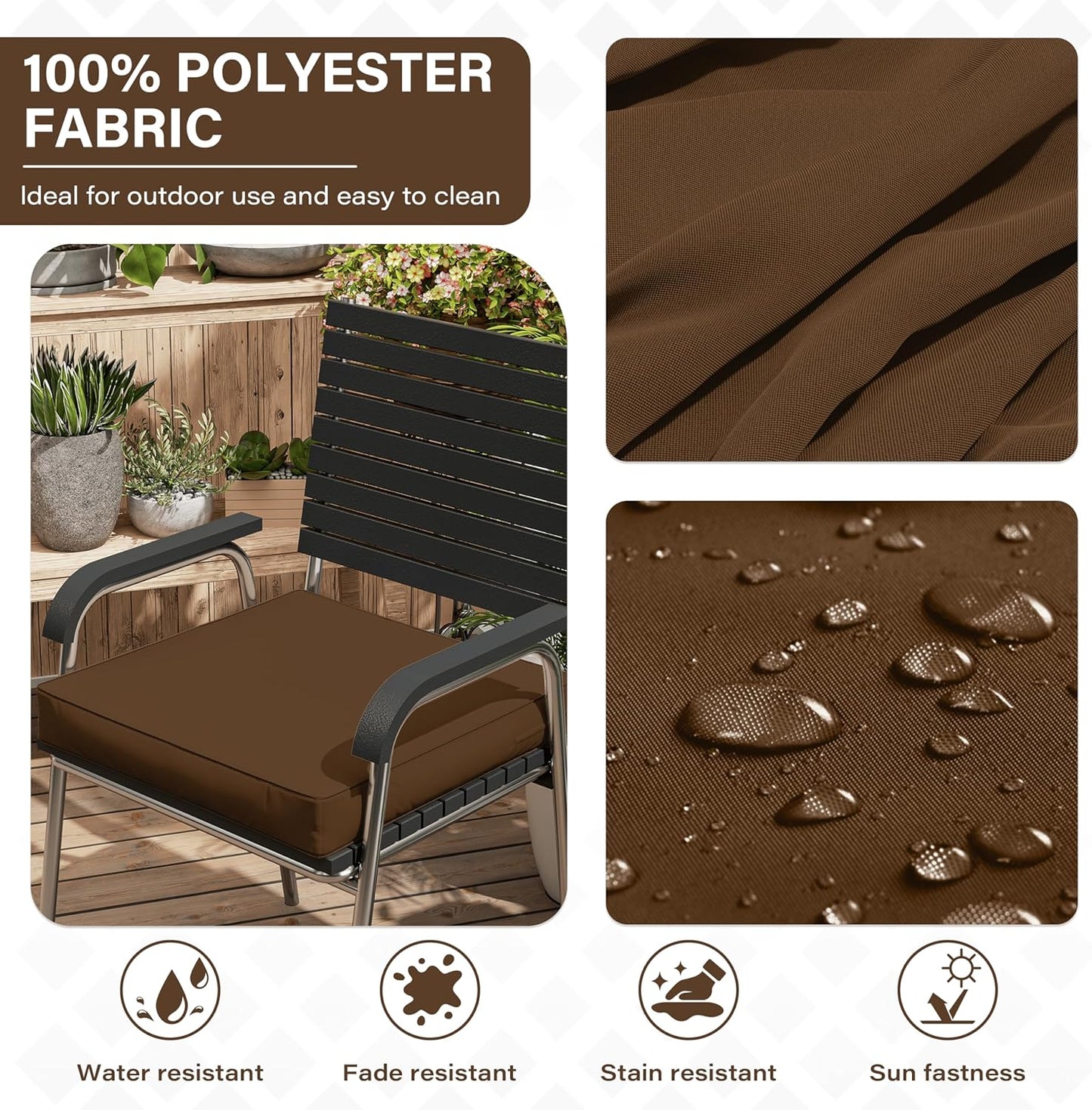 Patio Chair Cushions 17 X 16 X 3 Inch Waterproof Outdoor Seat Cushions for Patio Furniture, Outdoor Sofa Couch Pads with Ties & Handle, Set of 2, Chocolate