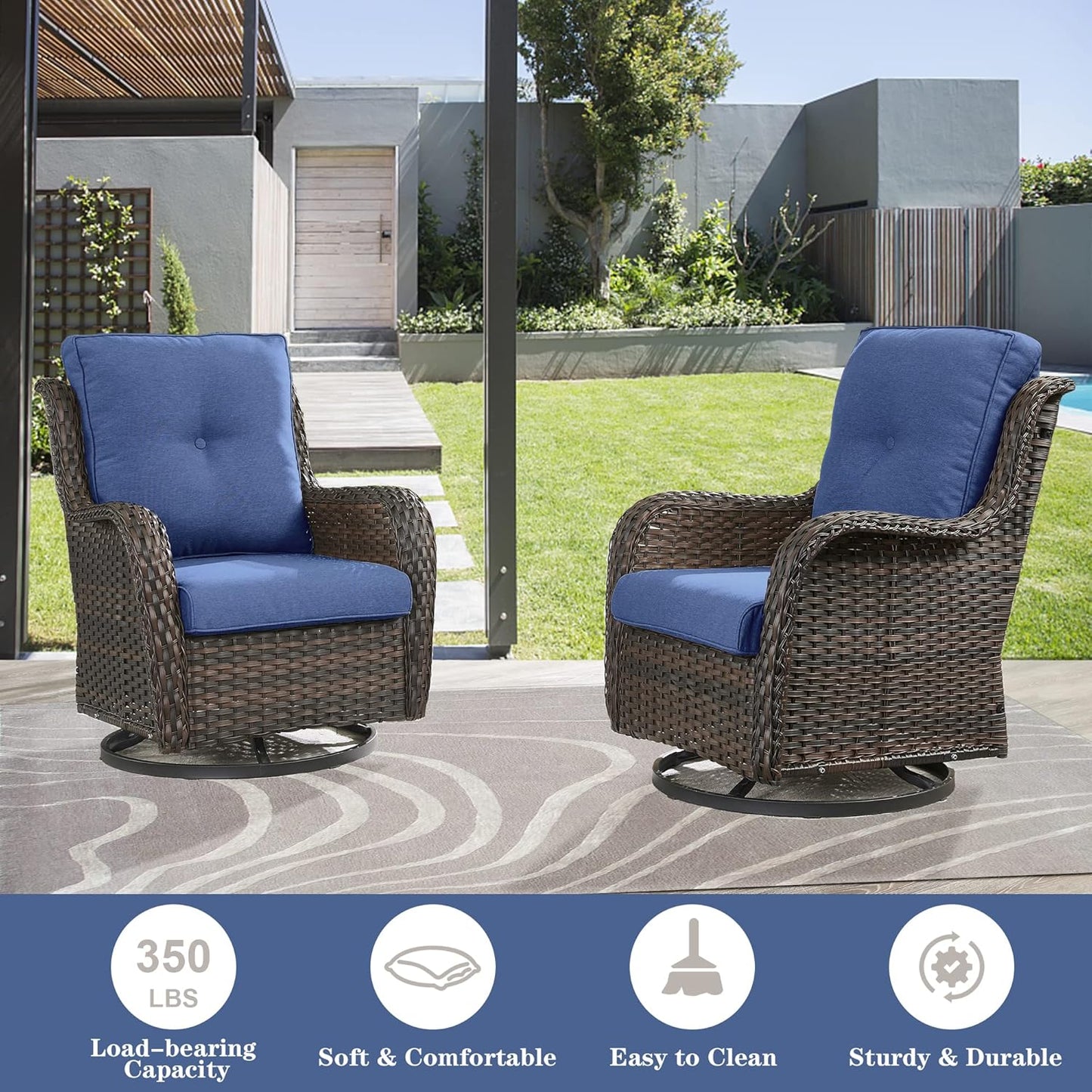 5 Piece Outdoor Patio Furniture Set - Wicker Furniture Patio Conversation Set, Outdoor Swivel Rocker Chairs with 3-Seater Sofa and 2 Ottomans for Small Space, Blue Cushion