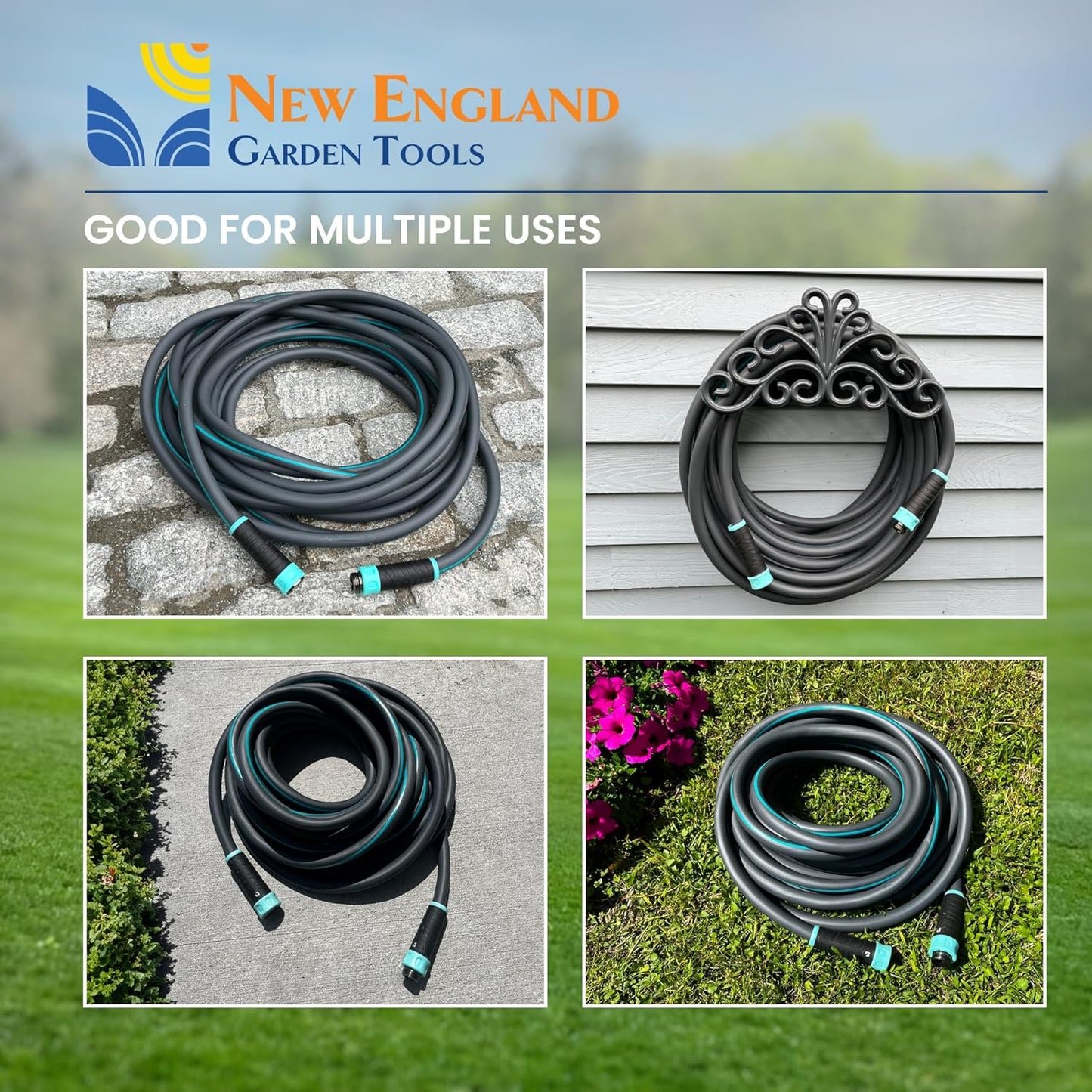 Hybrid Garden Water Hose 75 ft x 5/8”, Durable Heavy Duty Material, Kink-Free with Swivel Grips and Anodized Couplings, 700006 by New England Garden Tools