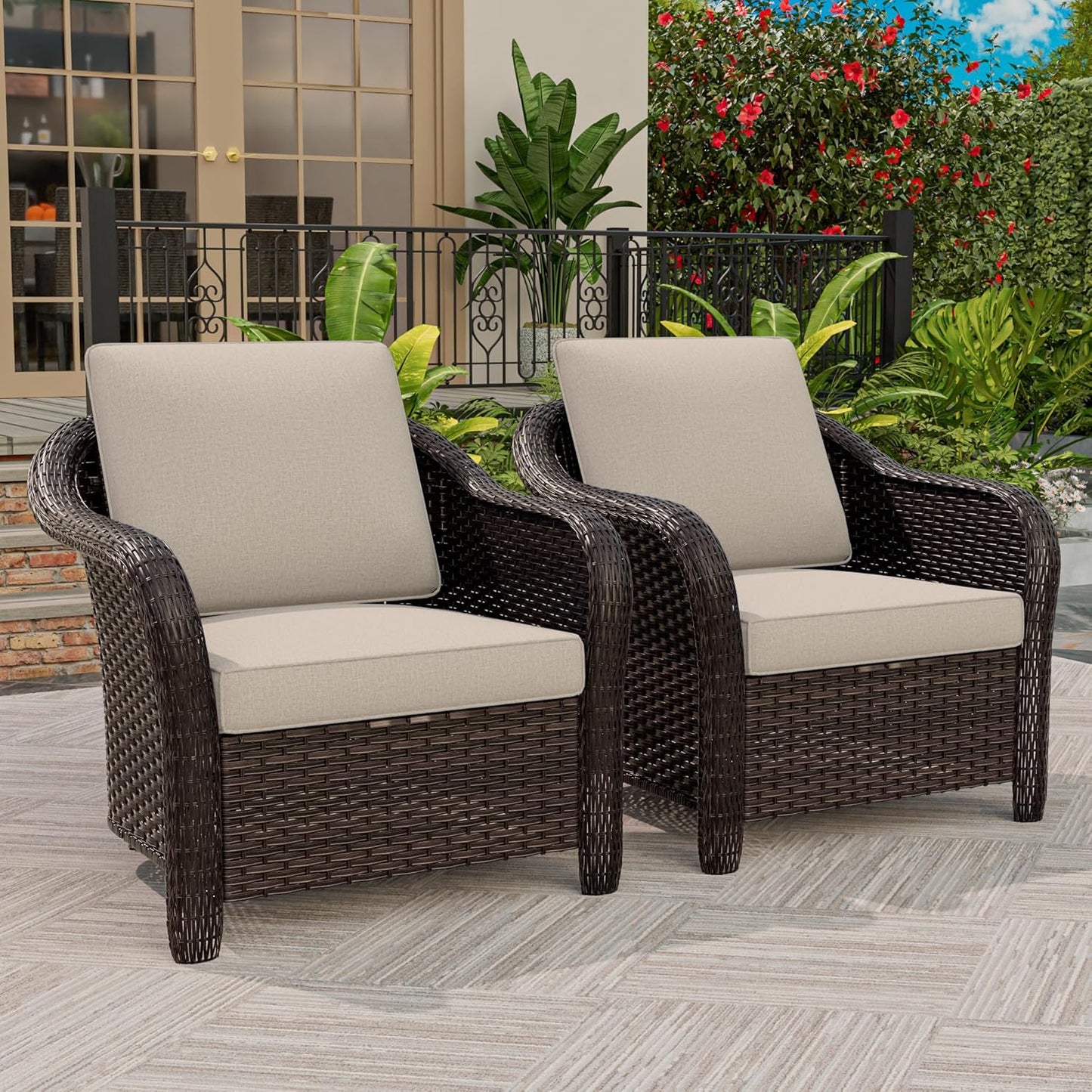 Outdoor Wicker Chair Set of 2, All-Weather Use Patio Rattan Chair with Seat and Back Cushion, Ideal for Porch, Backyard, Balcony, Poolside, Beige