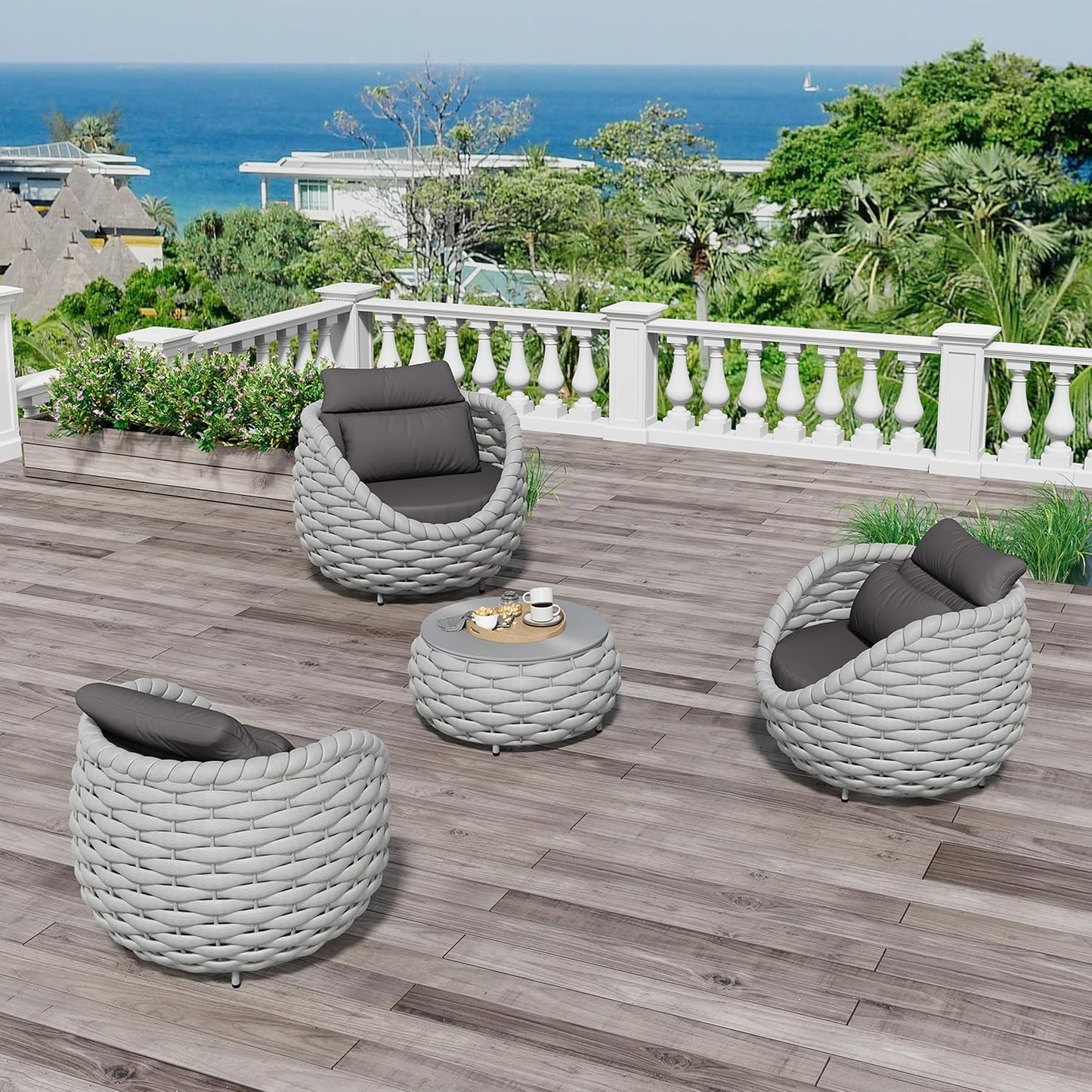 4 Pieces Courtyard Seating Set: Aluminum Woven Rope Patio Furniture Chair Set - All Weather Metal Outdoor Conversation Set - Assembled Armchair w/Table for Bistro Deck Porch Balcony Pool Hotel