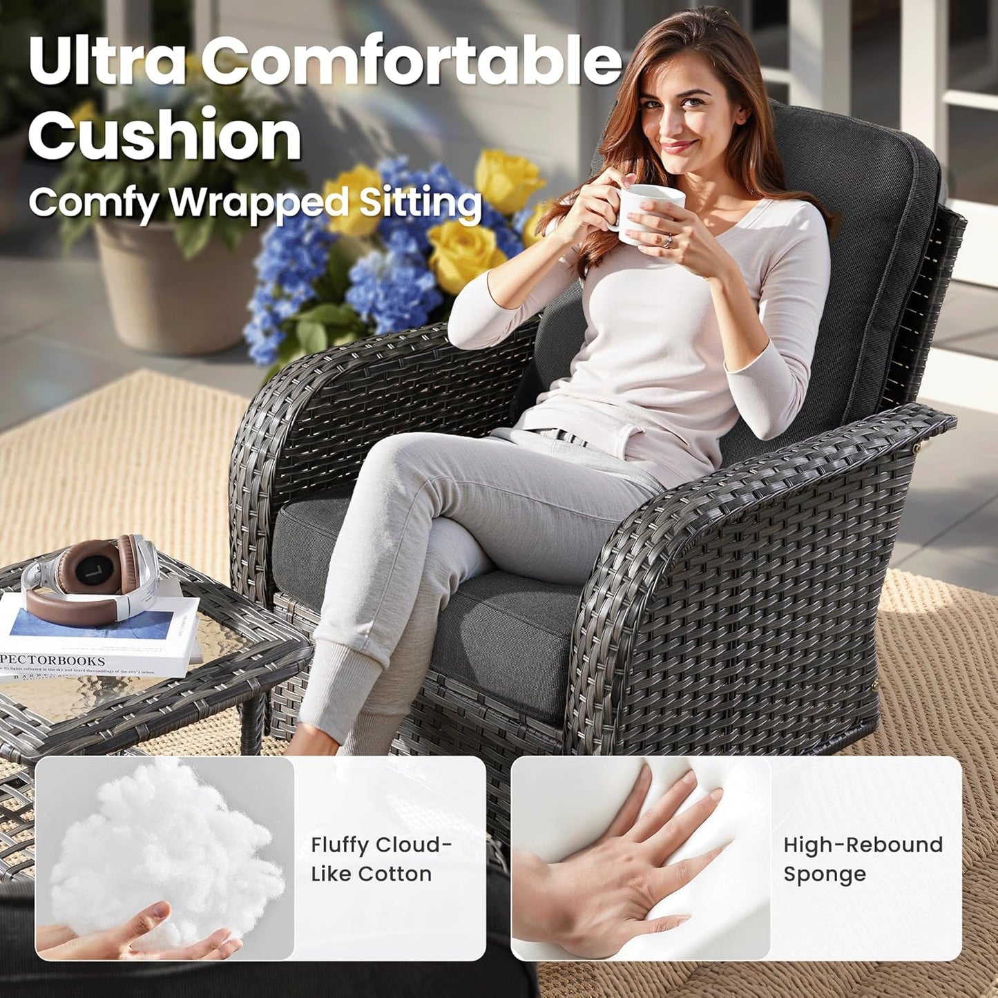 ovios 5 Pieces Patio Furniture Set, Outdoor Wicker Sofa with Swivel Chairs, Coffee Table, All Weather High Back Rattan Loveseat Couch with Comfy Cushions, Black