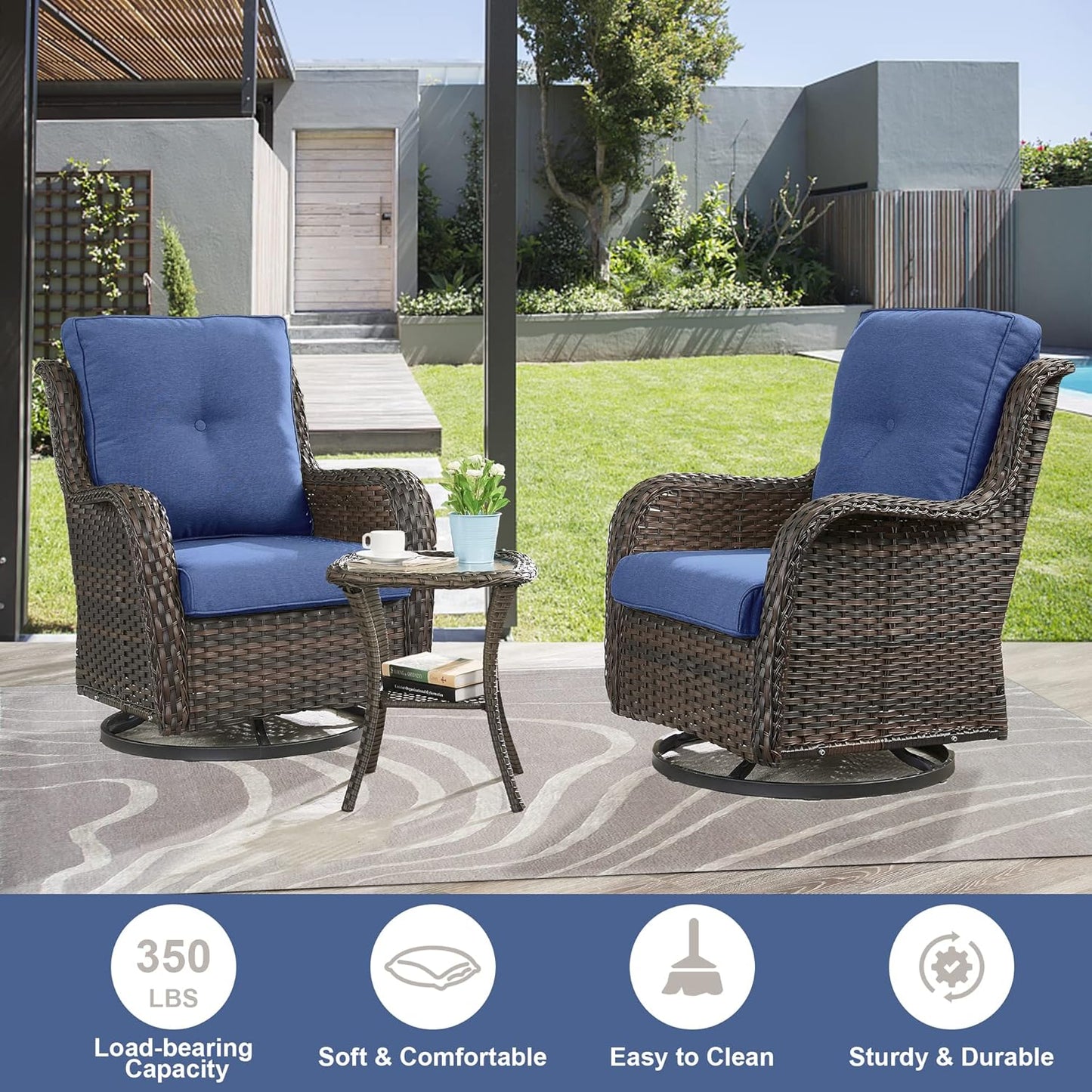 5 Pieces Patio Furniture Sets Wicker Outdoor Furniture, Rattan Patio Swivel Glider Chairs with 2 Ottoman and Glass Side Table
