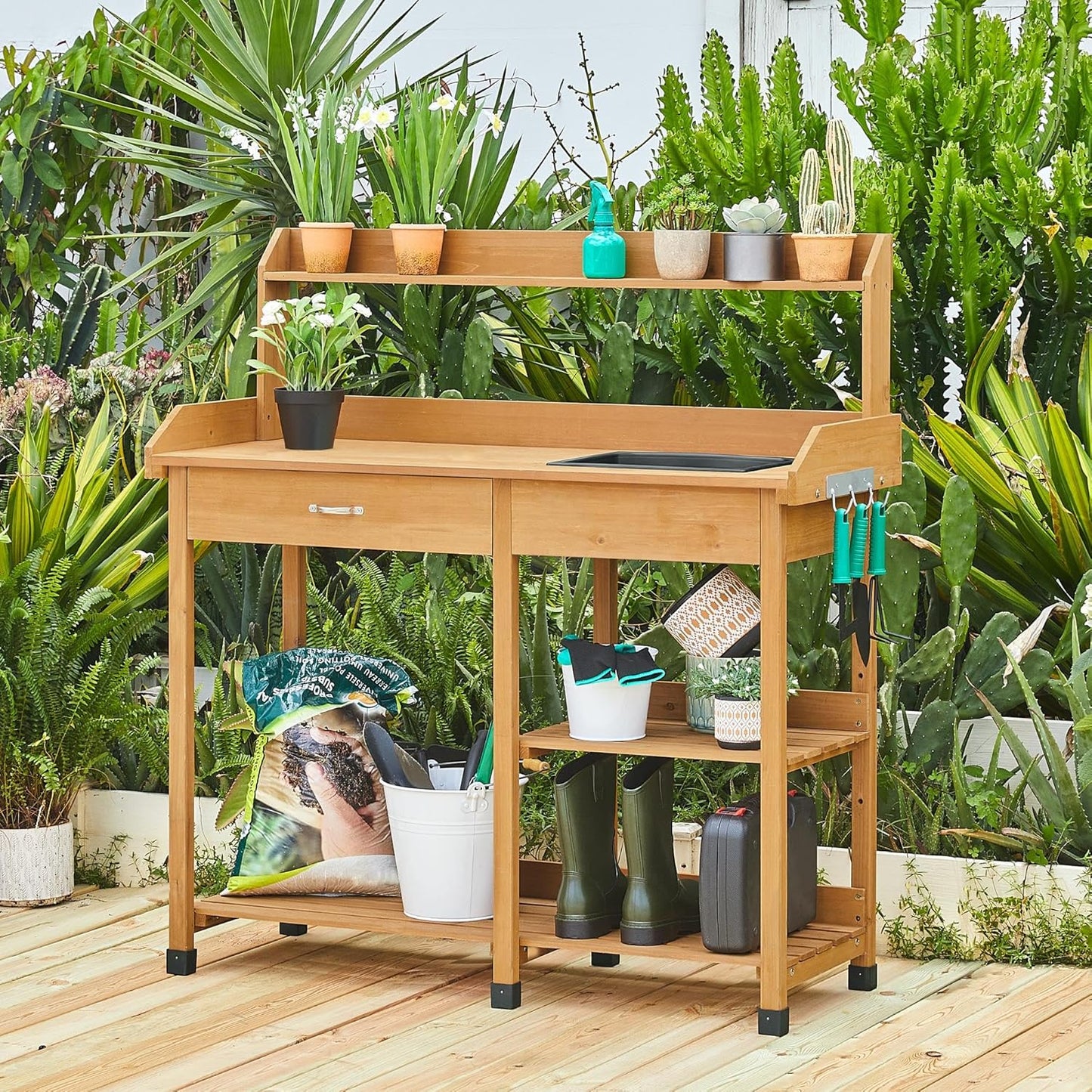 Yaheetech Potting Bench Outdoor Garden Work Bench Station Planting Solid Wood Construction for Horticulture w/Sink Drawer Rack Shelves Natural Wood