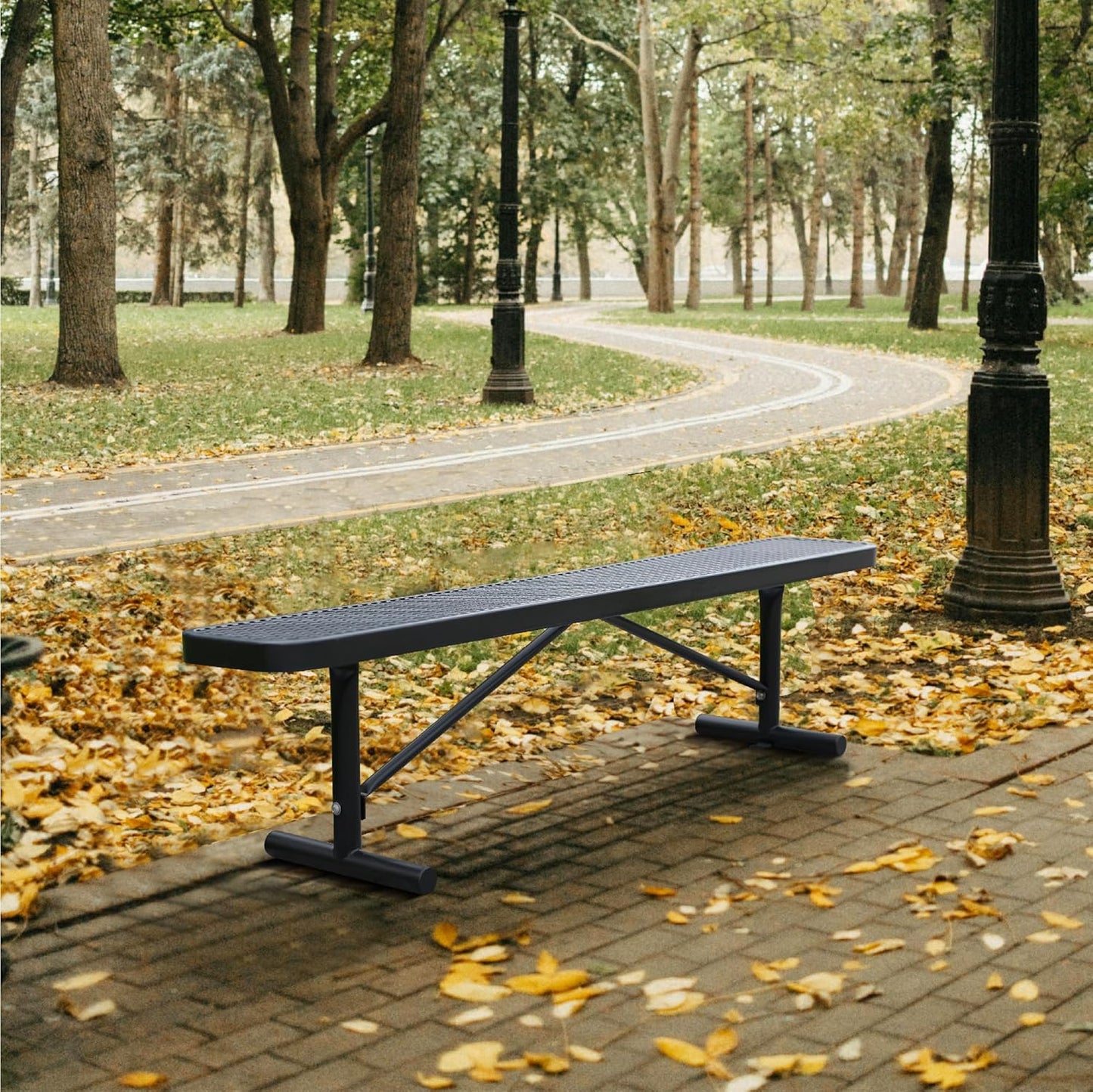 72" L Steel Flat Bench Garden Bench, Black Outdoor Park Bench Weather-Resistant Steel Metal, Patio Seating for Front Porch Backyard Park Outside, Metal Benches for Outside to dodrill to Ground