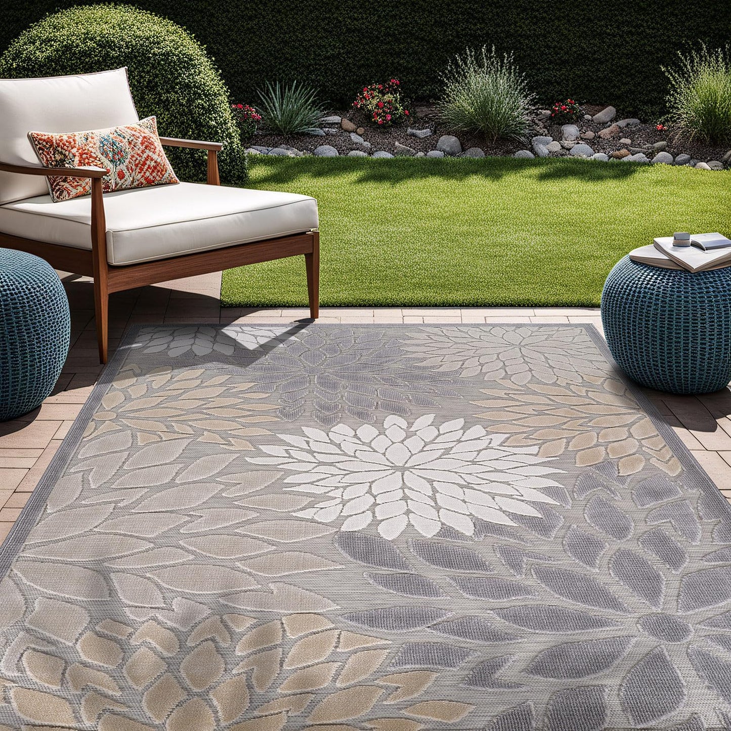 Beverly Rug Outdoor Rug 6x9 Modern Floral Tropical Area Rugs for Indoor and Outdoor Patio Easy to Clean Non Shedding Living Room Porch Garden Washable Outside Carpet (6 x 9 Gray)