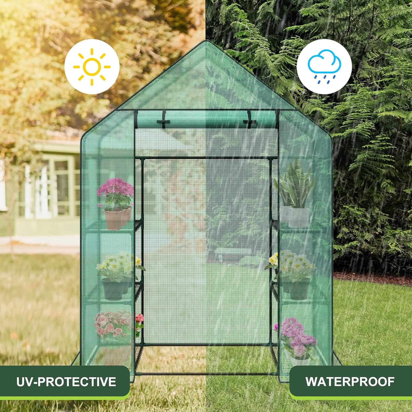 3 Tier 6 Shelves Mini Walk-in Greenhouse, 55.9 x 28.3 x 75.59 inch, Durable PE Cover Green House Kit with Anchors and Ropes, Outdoor Plant Gardening Hot House for Growing Vegetables, Flowers