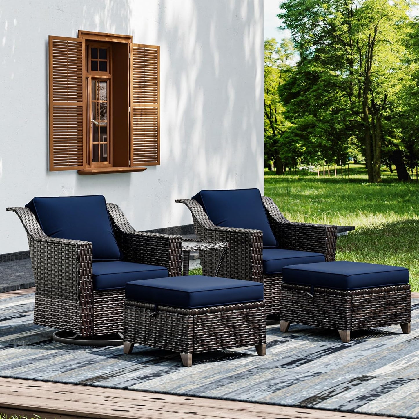 Joyside Wicker Patio Furniture Sets, 5 Pieces Upgraded Large Size Outdoor Furniture with Swivel Rocking Patio Chairs, Outdoor Ottoman and Side Table, Thick Cushions, Wide Armrest