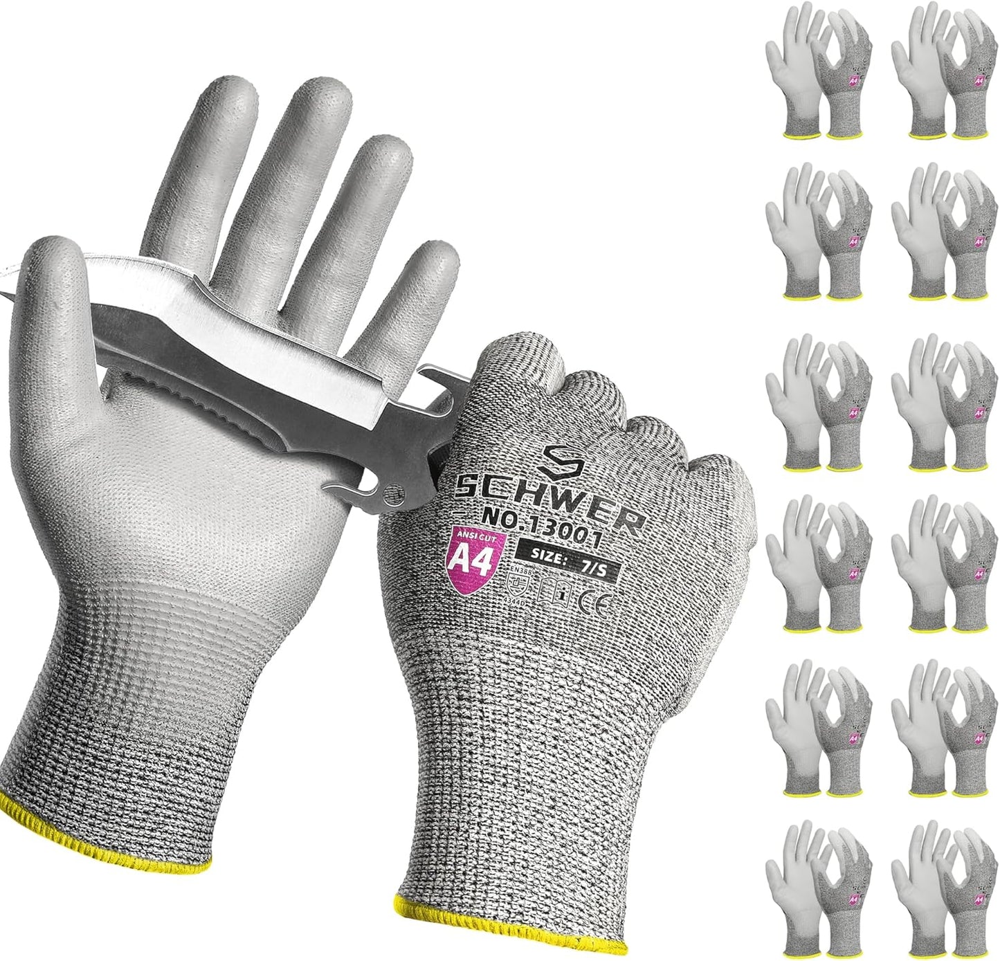 Schwer 12 Pairs ANSI A4 Cut Resistant Work Gloves, Cut Proof Gloves with PU Coating, Used for Metal Fabrication, WoodWorking, Construction, Non Slip, Durable, XS, CR13001
