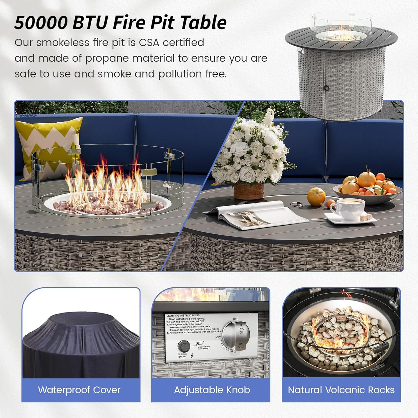 Patio Sectional Furniture Outdoor 8-Piece Grey Rattan Curved Sofa Set with Fire Pit Table,Storage Table,Pillows,Fit for Pool Backyard Balcony Porch Lawn (Navy)