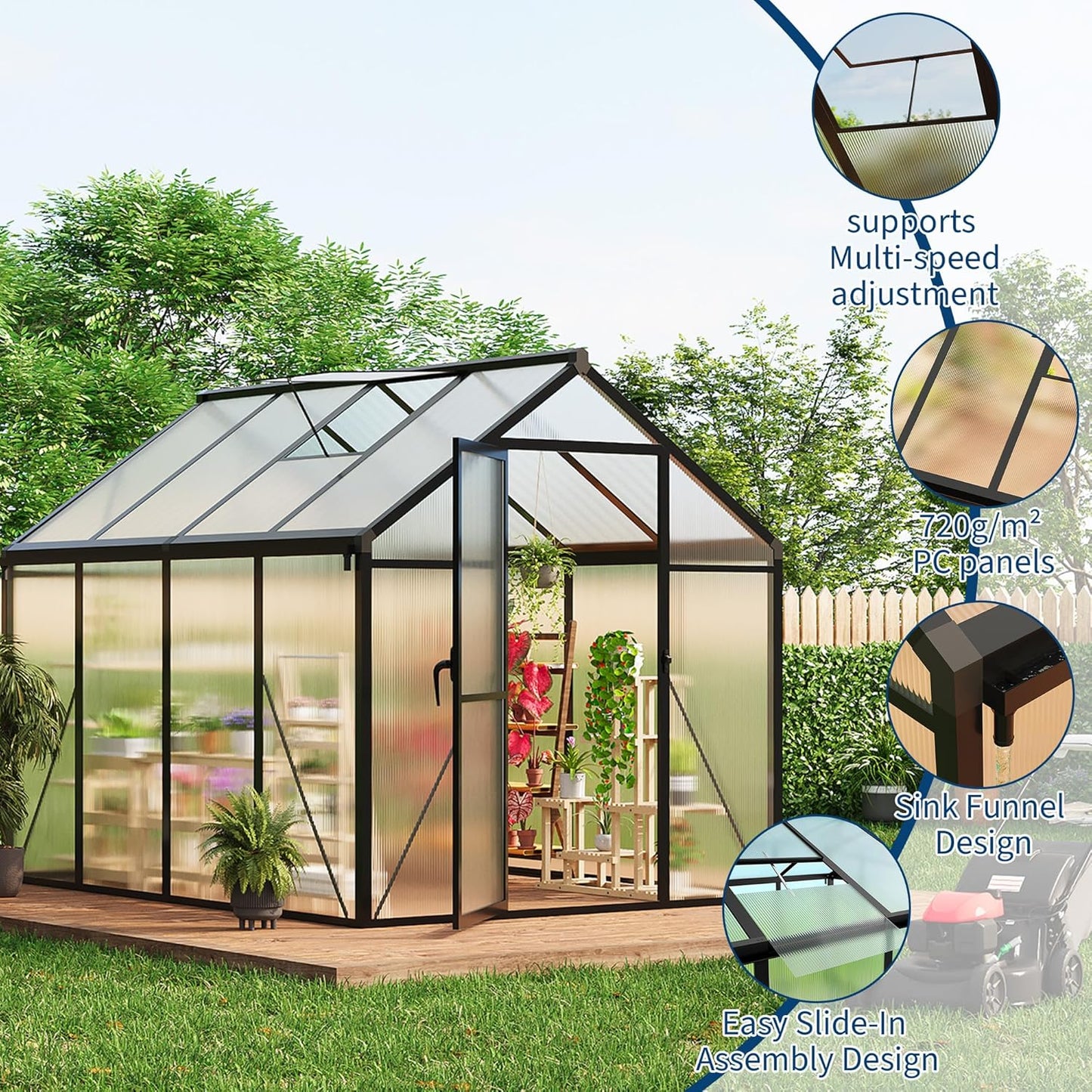 6 x 8 FT Greenhouse, Greenhouses for Outside, Polycarbonate Greenhouse with Aluminum Frame, Lockable Door and Ajustable Roof Vent for Backyard, Green Houses for Outside Garden Backyard, Patio
