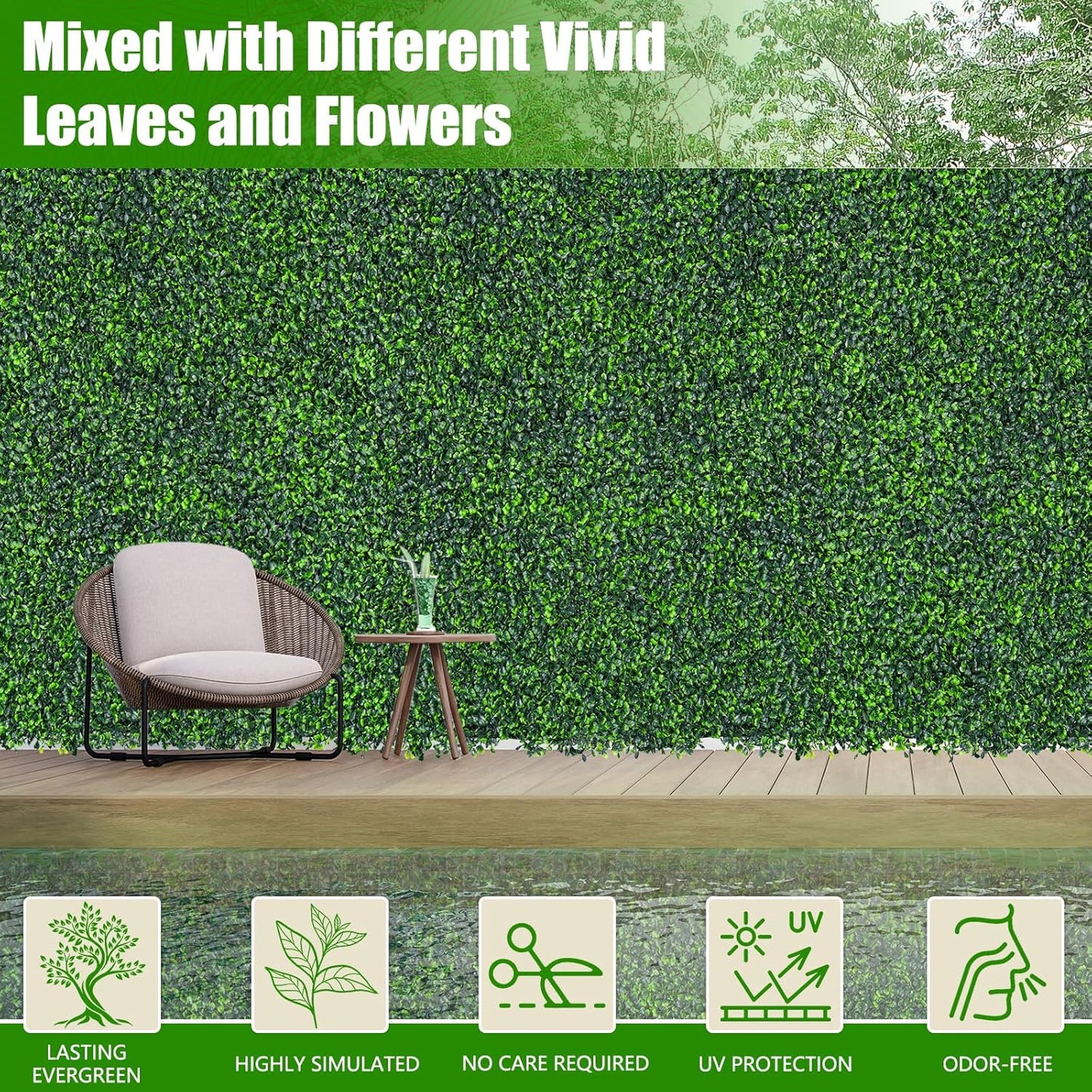 Artificial Boxwood Roll,48x120 in(40 sqft) UV-Anti Faux Ivy Grass Wall Backdrop for Balcony Privacy, Fake Grennery Wall Decor for Garden, Patio, Backyard