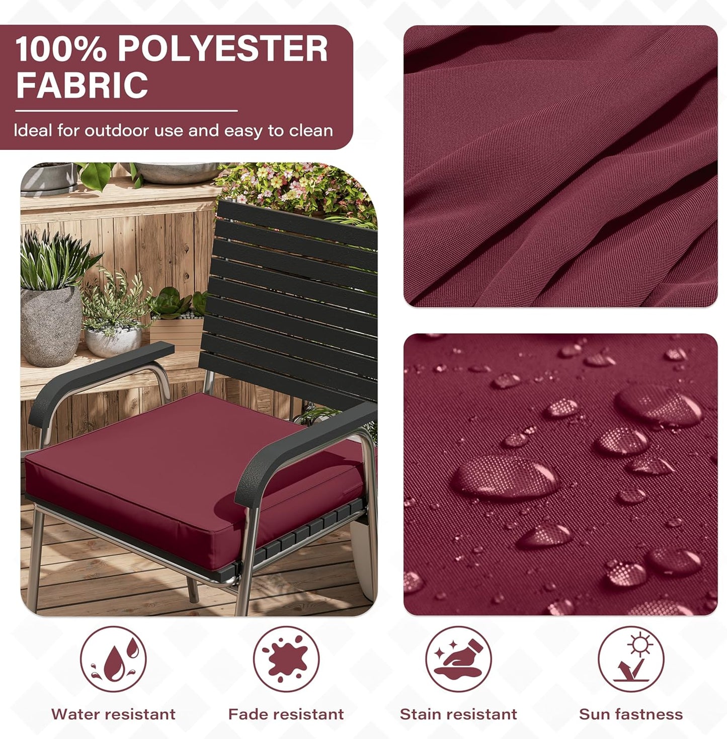Patio Chair Cushions 17 X 16 X 3 Inch Waterproof Outdoor Seat Cushions for Patio Furniture, Outdoor Sofa Couch Pads with Ties & Handle, Set of 2, Burgundy