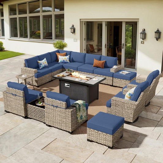 HOOOWOOO Outdoor Sectional Patio Furniture Set with Fire Pit Table,15 Pieces Wicker Conversation Sets L Shaped Couch,Extra Deep Out Door Sofa Outside Furniture with Swivel Chairs Ottoman,Denim Blue