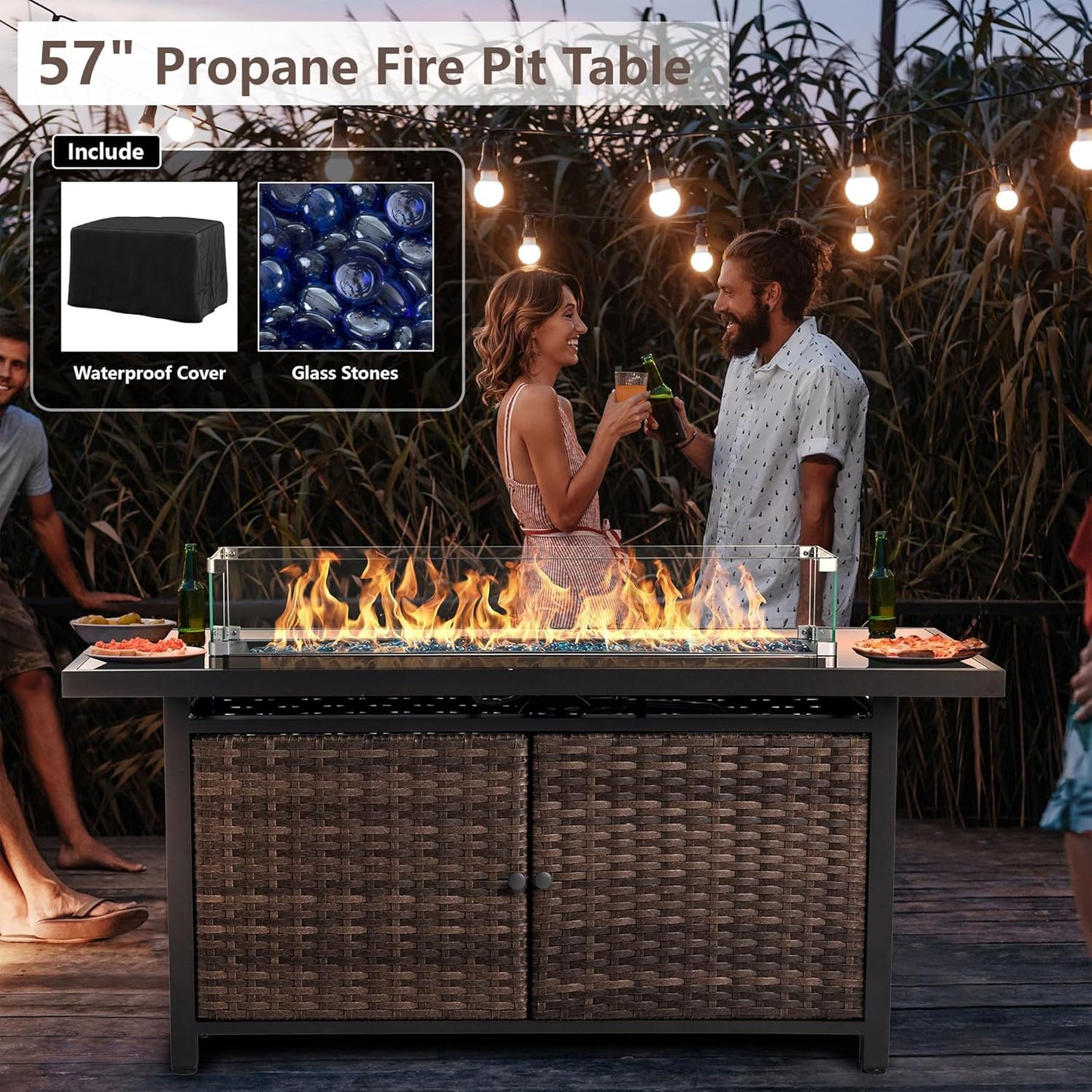 25-Pc Patio Furniture Set - 7 Piece Outdoor Rattan Sofa Set with 57" Fire Table and 17 Accessories, Modular Sofa Set for Garden/Poolside, Blue/Black