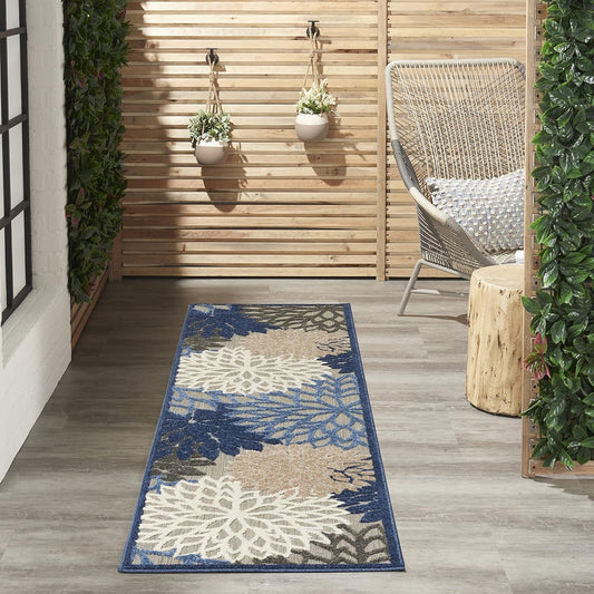 Nourison Aloha Indoor/Outdoor Blue/Multicolor 2'3" x 8' Area Rug, Tropical, Botanical, Easy Cleaning, Non Shedding, Bed Room, Living Room, Dining Room, Deck, Backyard, Patio (2x8)