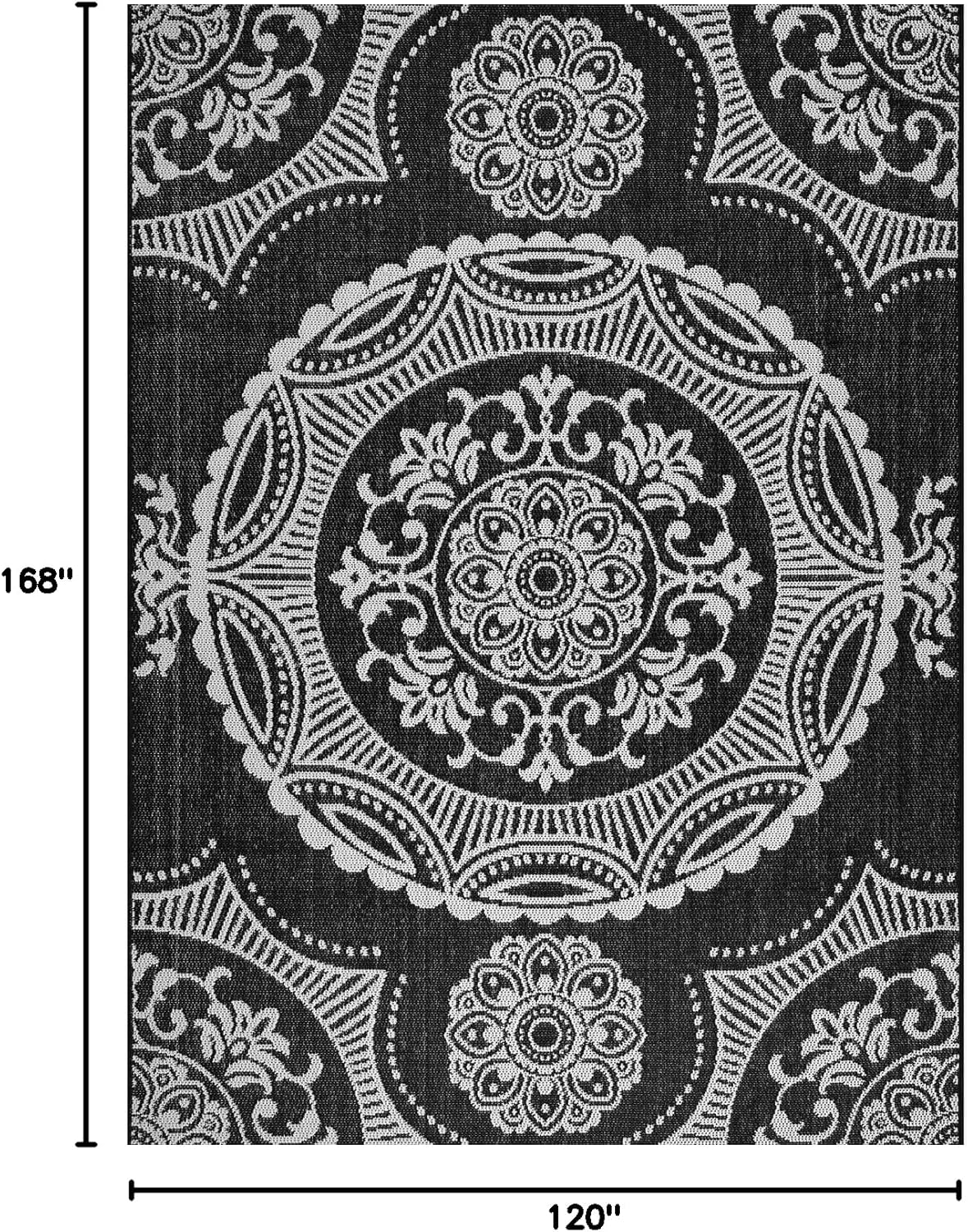 Medallion Outdoor Rug 10x14 Washable Outside Carpet for Indoor Patio Porch Waterproof Easy Cleaning Non Shedding Area Rugs Black 10 x 14