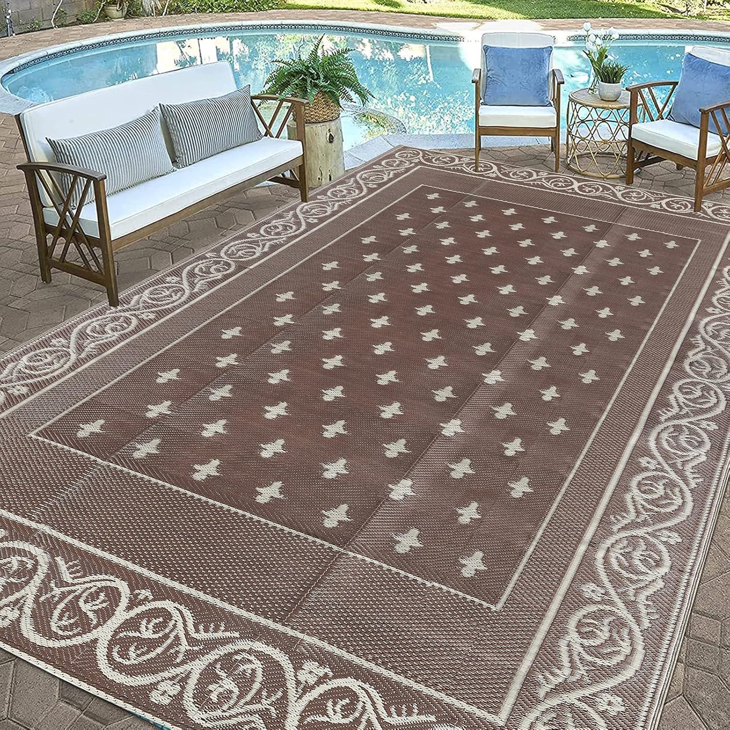 Pauwer 9'x12' Reversible Outdoor Rug, Waterproof Plastic Straw Area Rug for Patios, RV Mat, Camping, Picnic, Beach, Balcony, Pet Friendly, Lightweight