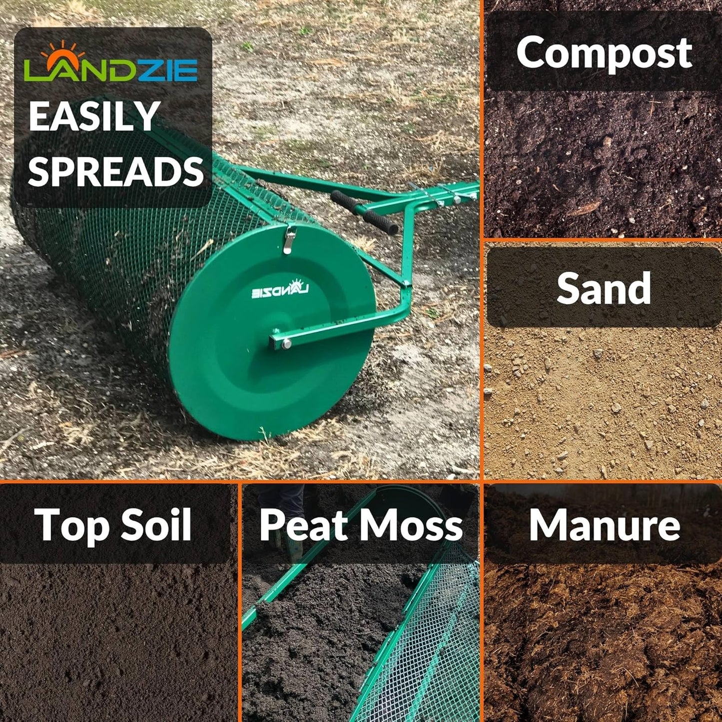 LANDZIE Lawn & Garden Spreaders - 44 Inch Heavy Duty Metal Mesh Basket Push/Tow Spreader - Compost, Peat Moss, Top Soil, Mulch - Durable Lightweight Multi-Purpose Yard Care Equipment - Manure Spreader