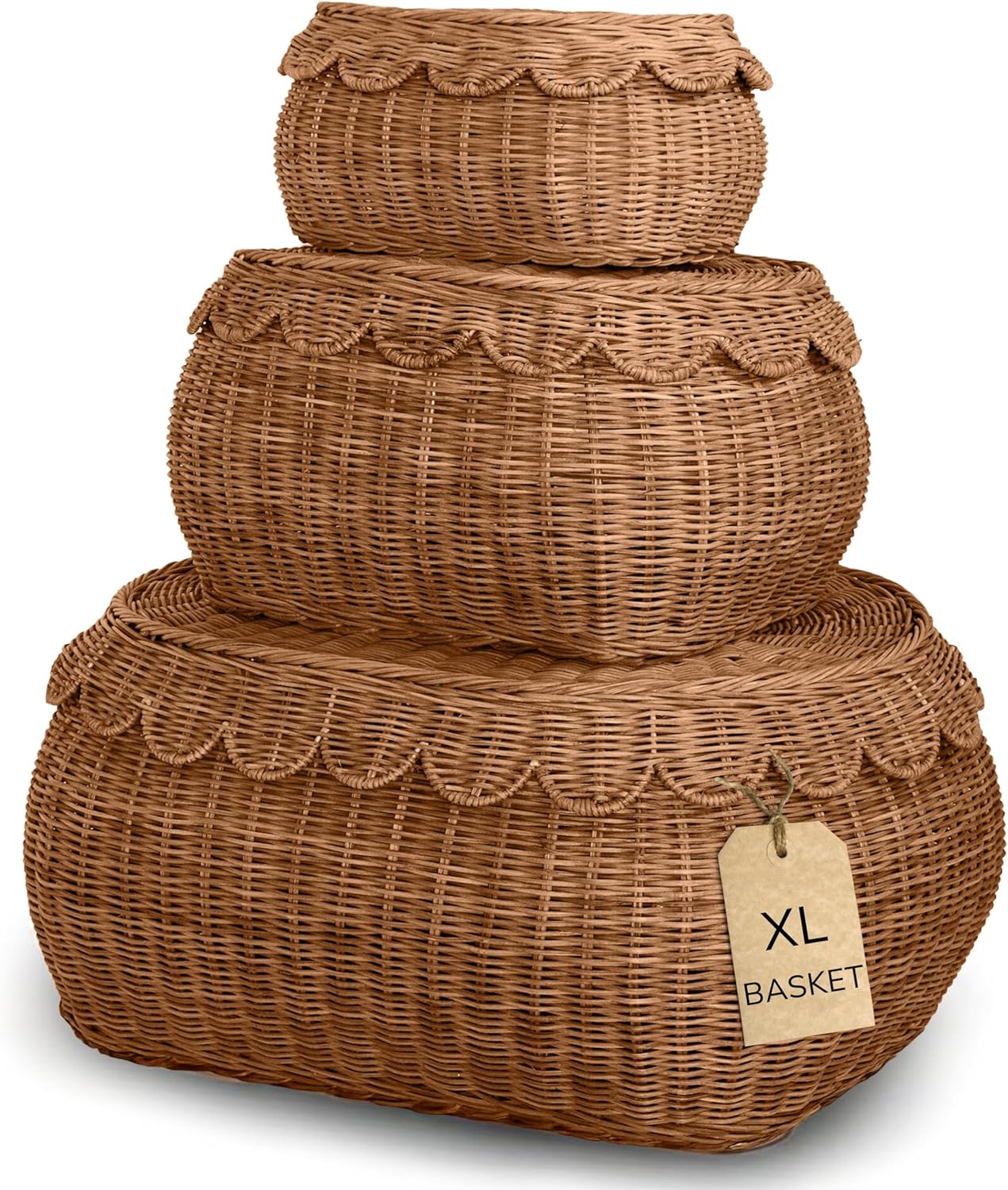 BEBE BASK Large Scalloped Basket Set Of 3 - Hand-Woven & Award-Winning Scallop Basket - XL - Extra Large for Blankets 22 x 16 x 10 In - Elegant Wicker With Scalloped Edge Lid (Mocca)