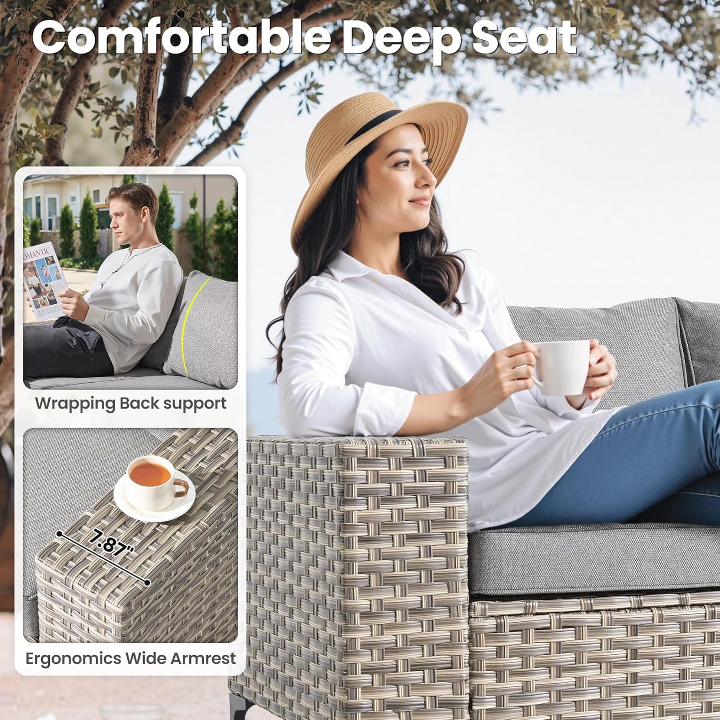 ovios 9 Pieces Patio Furniture Set Outdoor Sectional Sofa Couch with Fire Pit Table Rocking Swivel Chairs Deep Seat Chaise, Modern Modular Wicker Rattan Conversation Set, Dark Grey