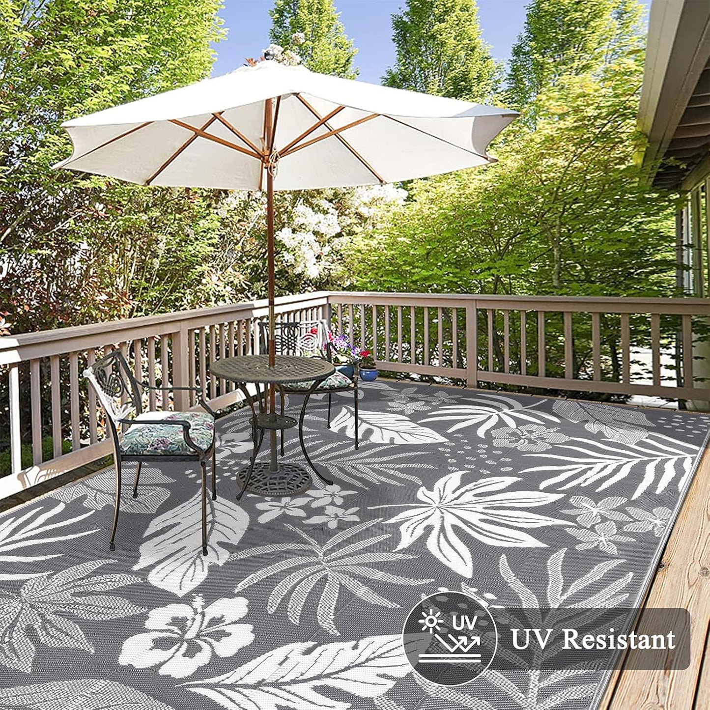 Pauwer Waterproof Outdoor Rug 8x10, Reversible Plastic Straw Patio Camping Rug, Indoor Outdoor RV Mat Carpet for Deck, Camper, Porch, Balcony, Backyard, Picnic, Floral Grey