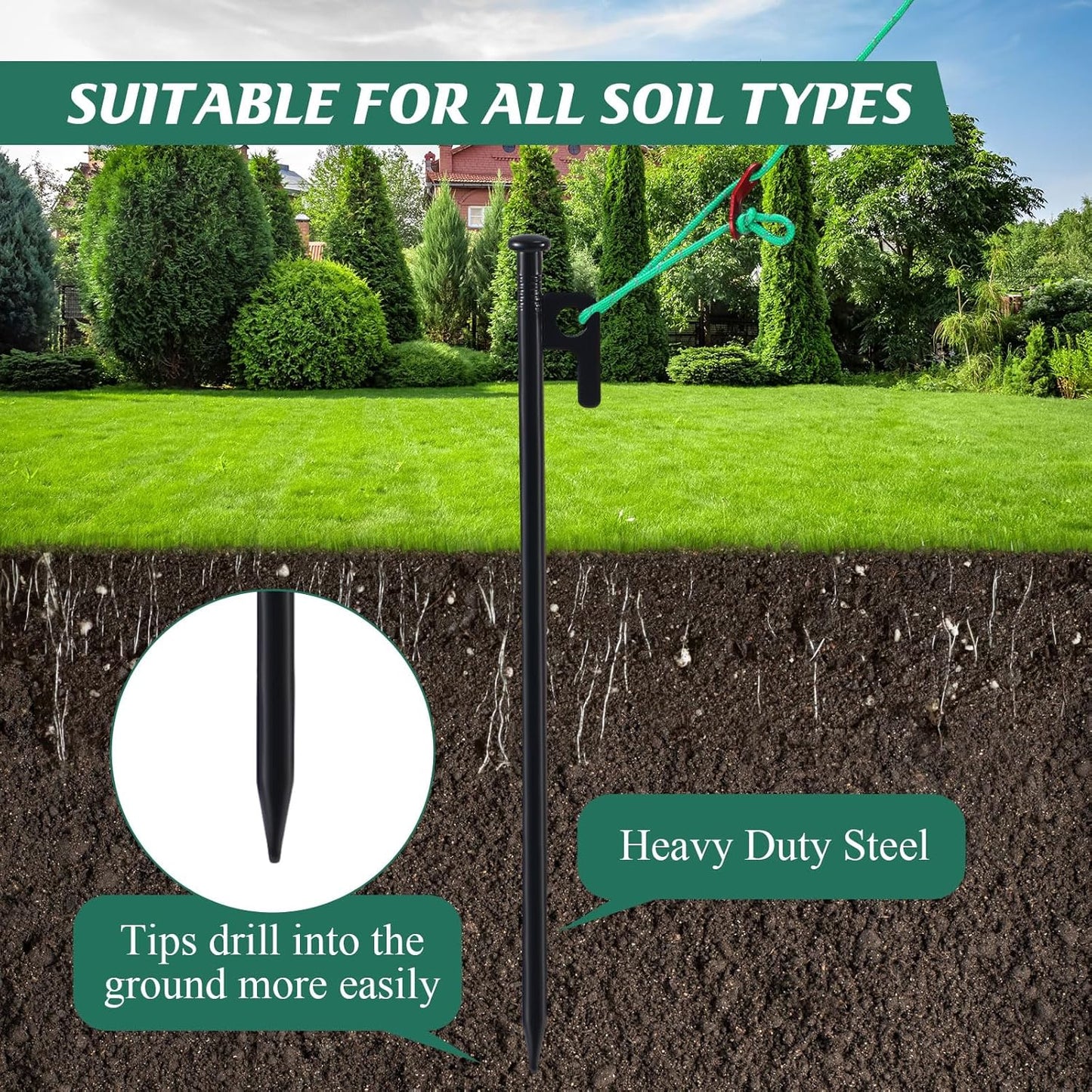 Suzile 120 Pcs Tree Stake Kit, Heavy Duty Tree Staking and Supports for Leaning Trees Include 11. 8'' Steel Stakes 15. 8'' Support Straps 13. 12 ft Ropes for Anchoring Hurricane Protection (Green)
