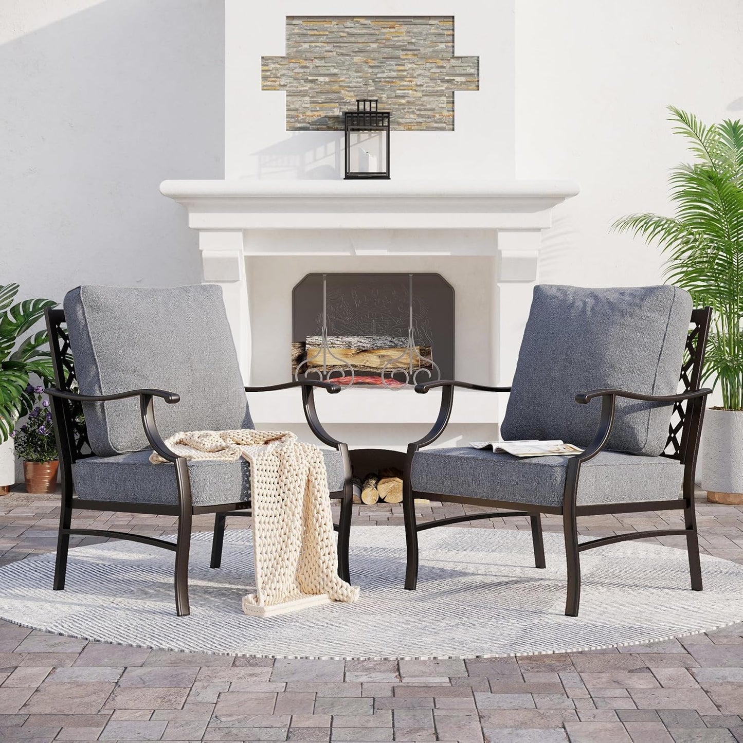 Metal Patio Chairs Set of 2 with 5.75" Extra Thick Cushion, 2 Pieces High Back Outdoor Patio Chairs All Weather Outdoor Furniture Seating for Deck Backyard Balcony Front Porch, Gray