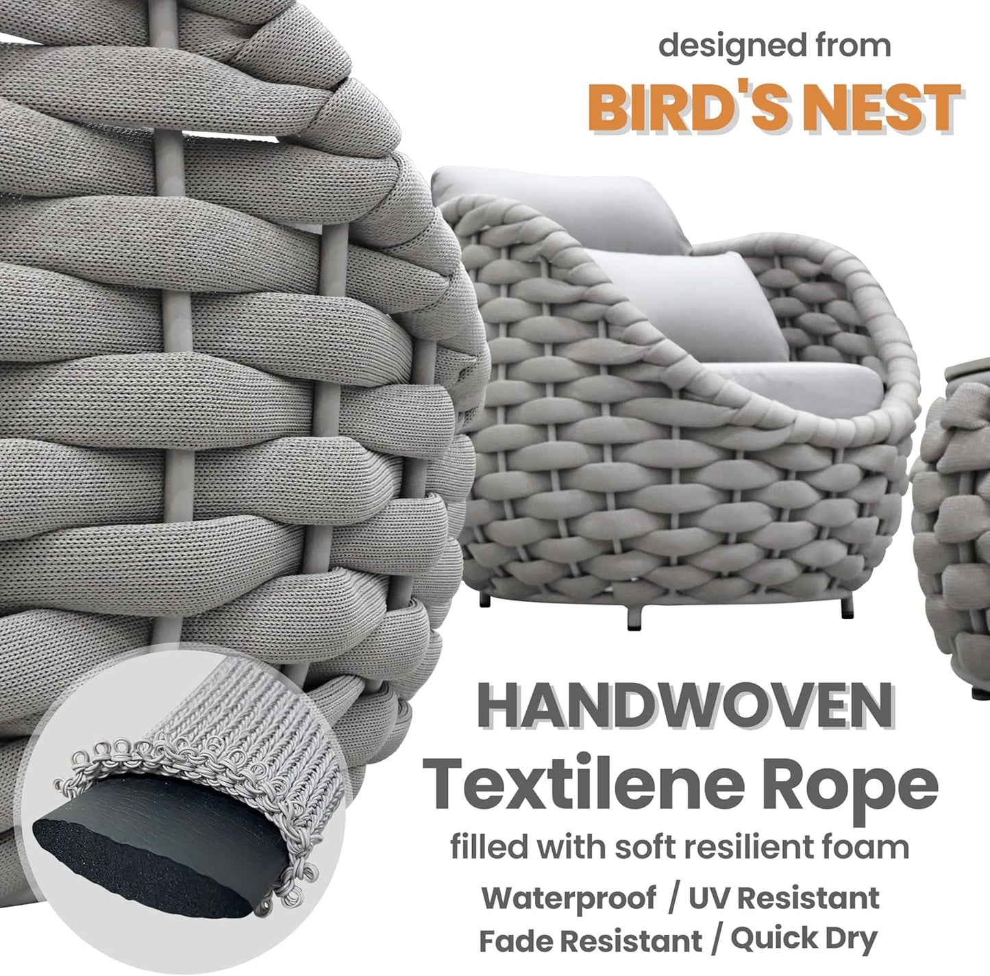 Fully Assembled Patio Furniture Set: 5 Pieces Woven Rope Outdoor Conversation Set Cushioned - Modern Metal Deck Loveseat Chair Table Set - Porch Seating for Yard Garden Pool Hotel Resort, Grey