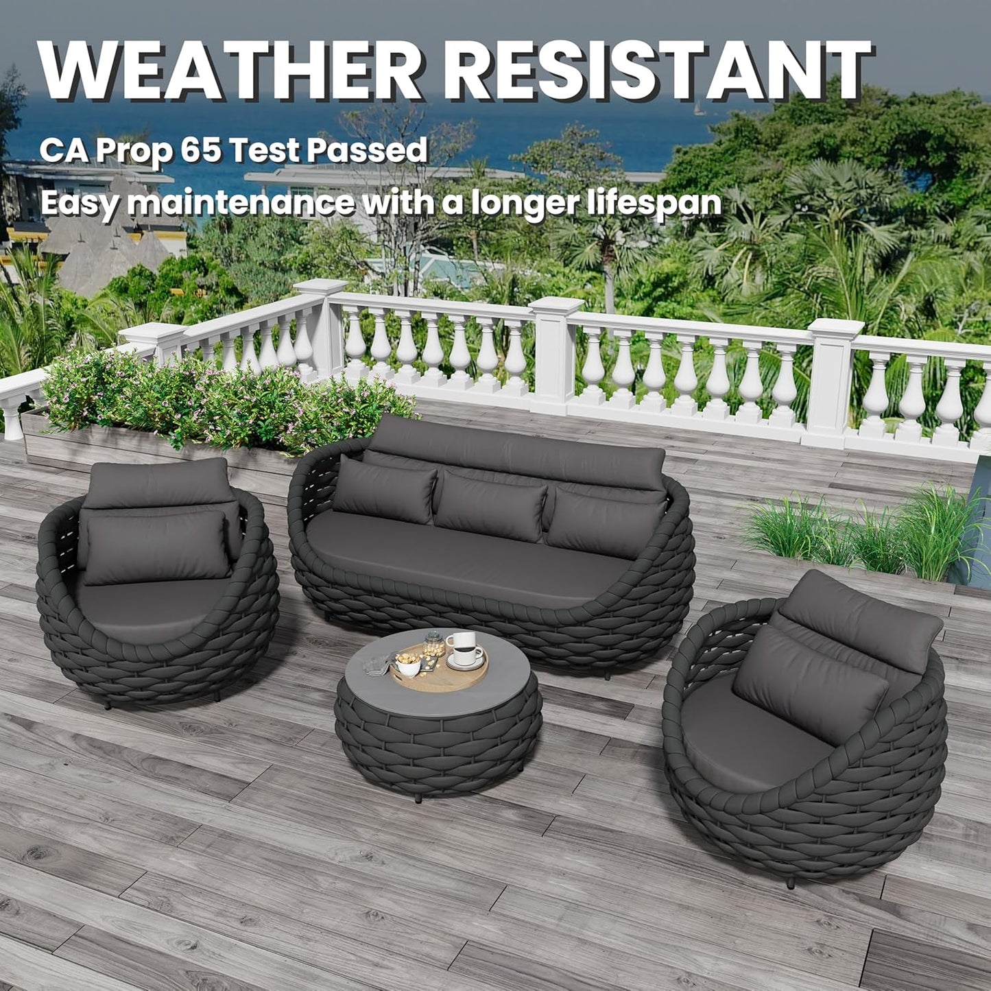 Woven Rope Patio Furniture Set: 4 Pieces Aluminum Outdoor Conversation Sofa Set Assembled - Modern Couch Set Cushioned - All Weather Metal Porch Seating for 5 Person Deck Garden Hotel, Dark Gray
